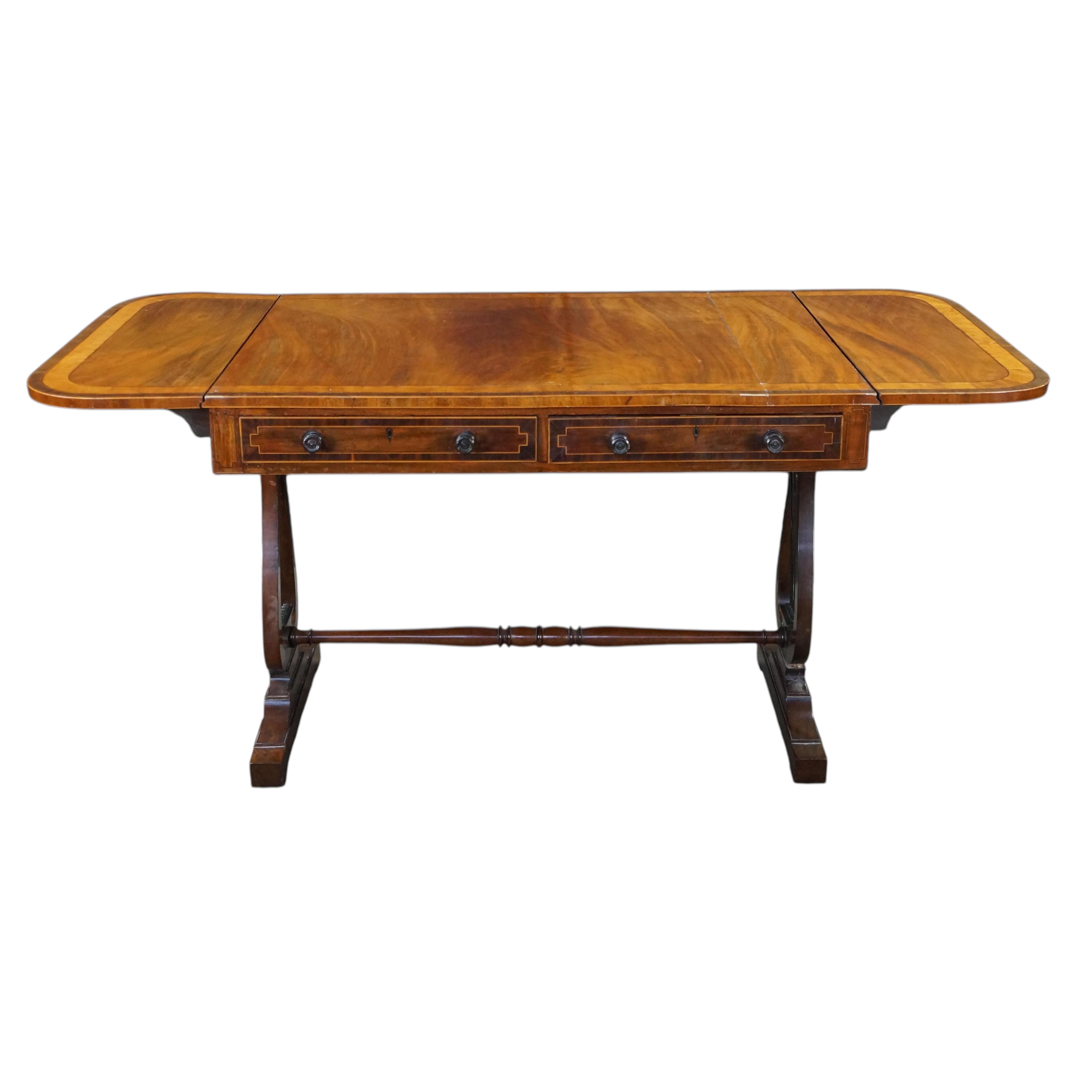 Antique Early 19th C. Regency Flame Mahogany Lyre Base Drop Leaf Sofa Table Desk For Sale