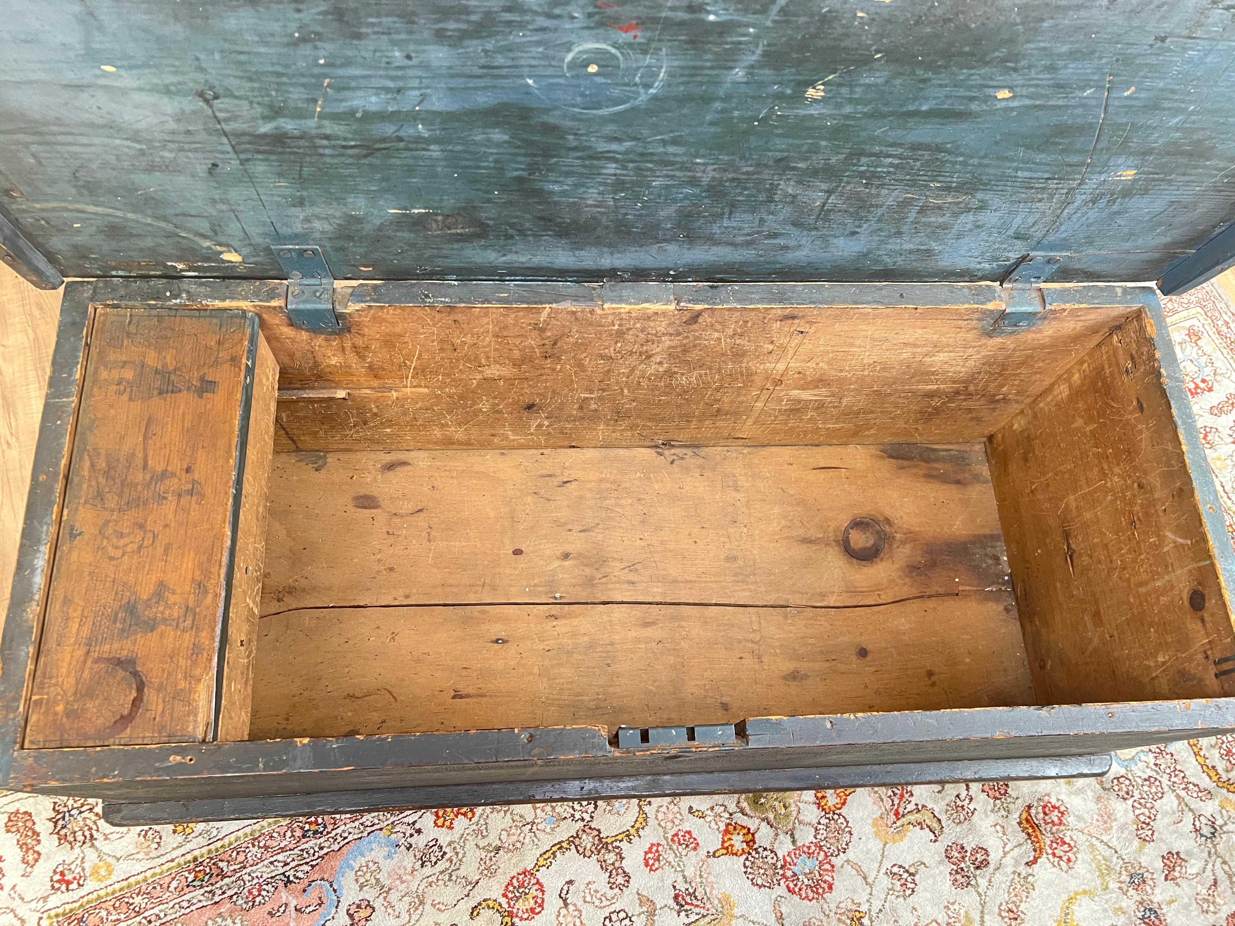 Antique Early 19th Century Becketed Maine Sea Chest in Original Blue Paint For Sale 4