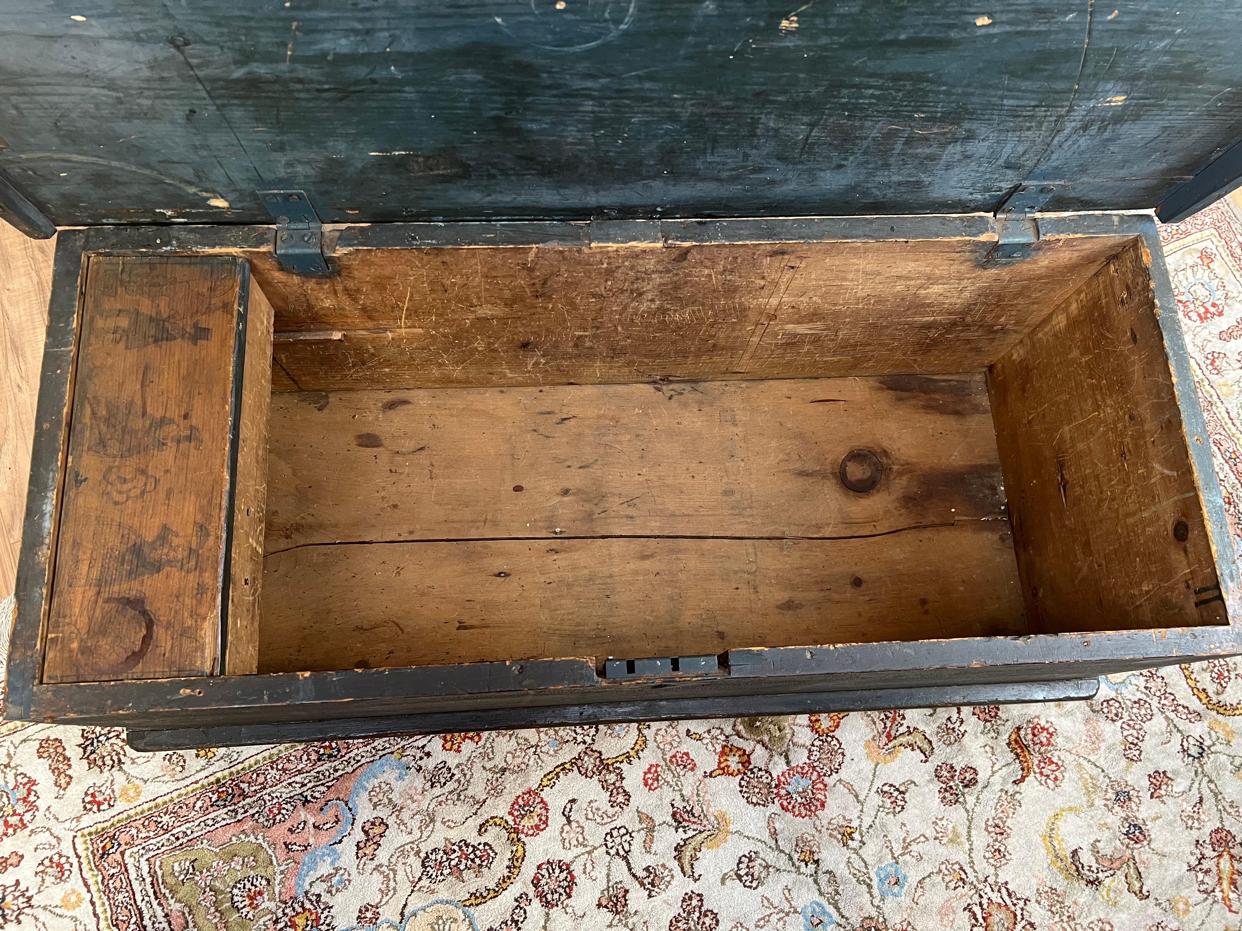 Antique Early 19th Century Becketed Maine Sea Chest in Original Blue Paint For Sale 5