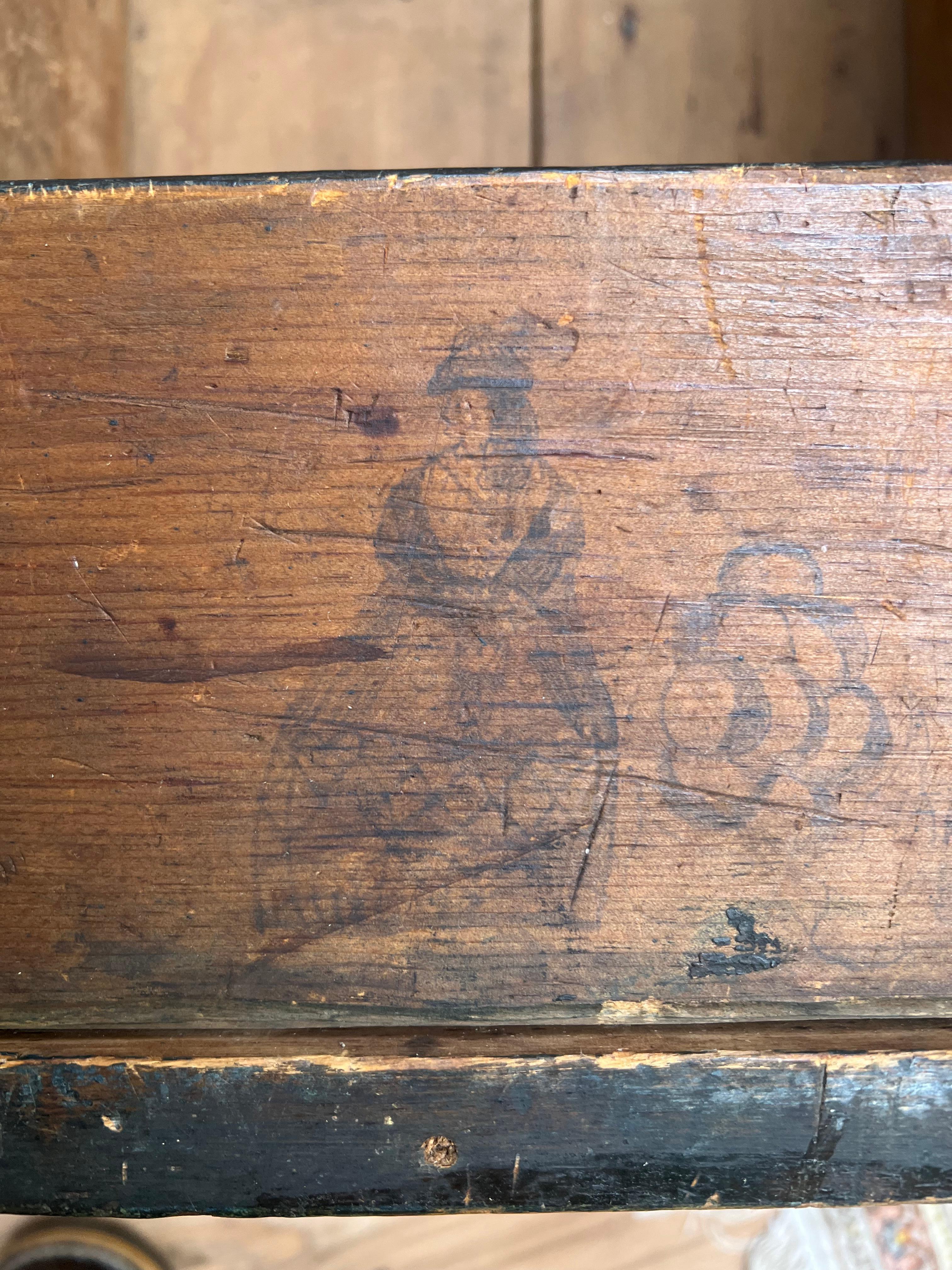 Antique Early 19th Century Becketed Maine Sea Chest in Original Blue Paint For Sale 8