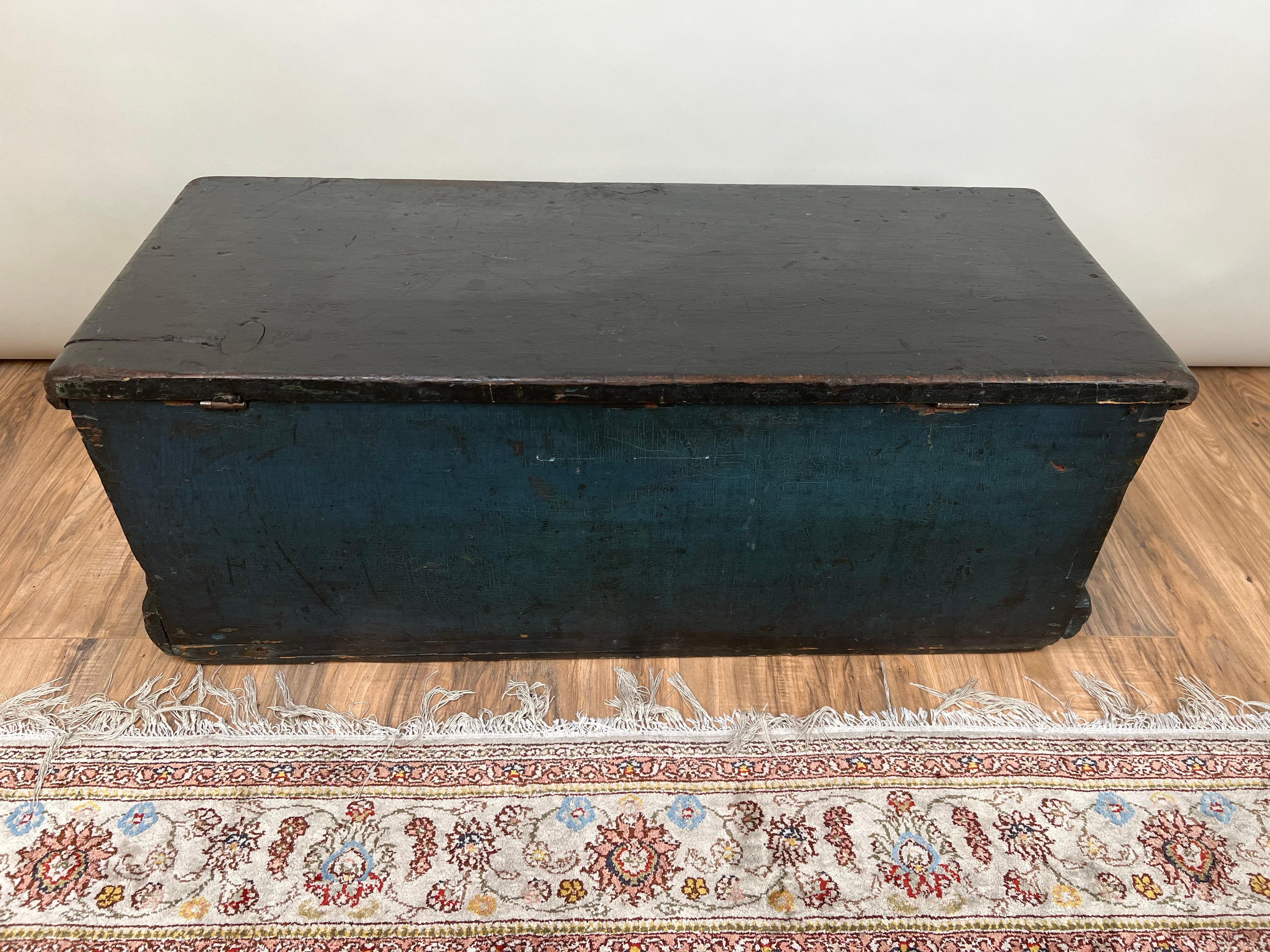 Antique Early 19th Century Becketed Maine Sea Chest in Original Blue Paint For Sale 11