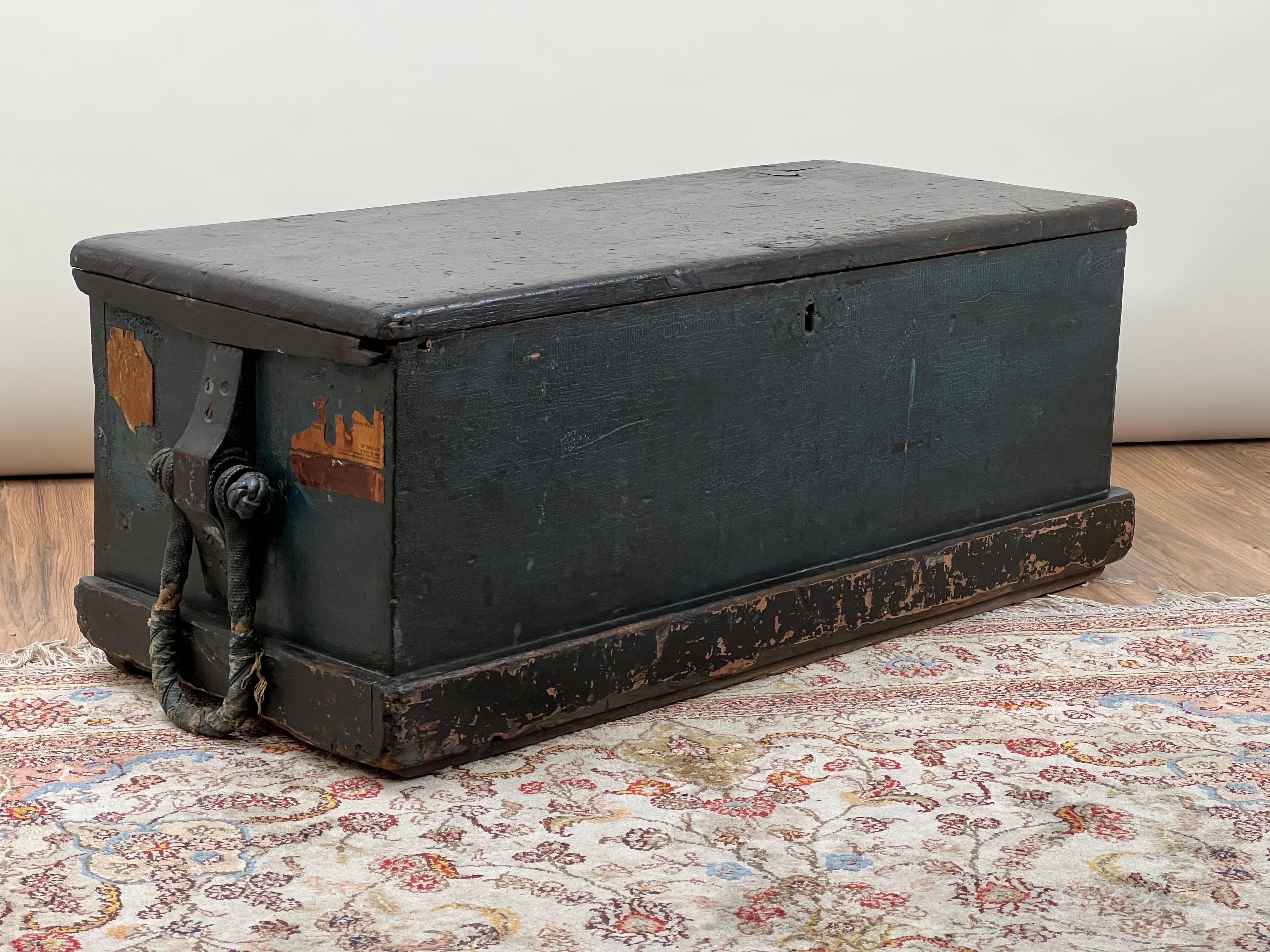 This remarkable early 19th-century sea chest from Maine is steeped in maritime history, as evidenced by its original blue paint and the unique personal touches added by its former owner, a sailor. Inside the chest, the till features charming pencil