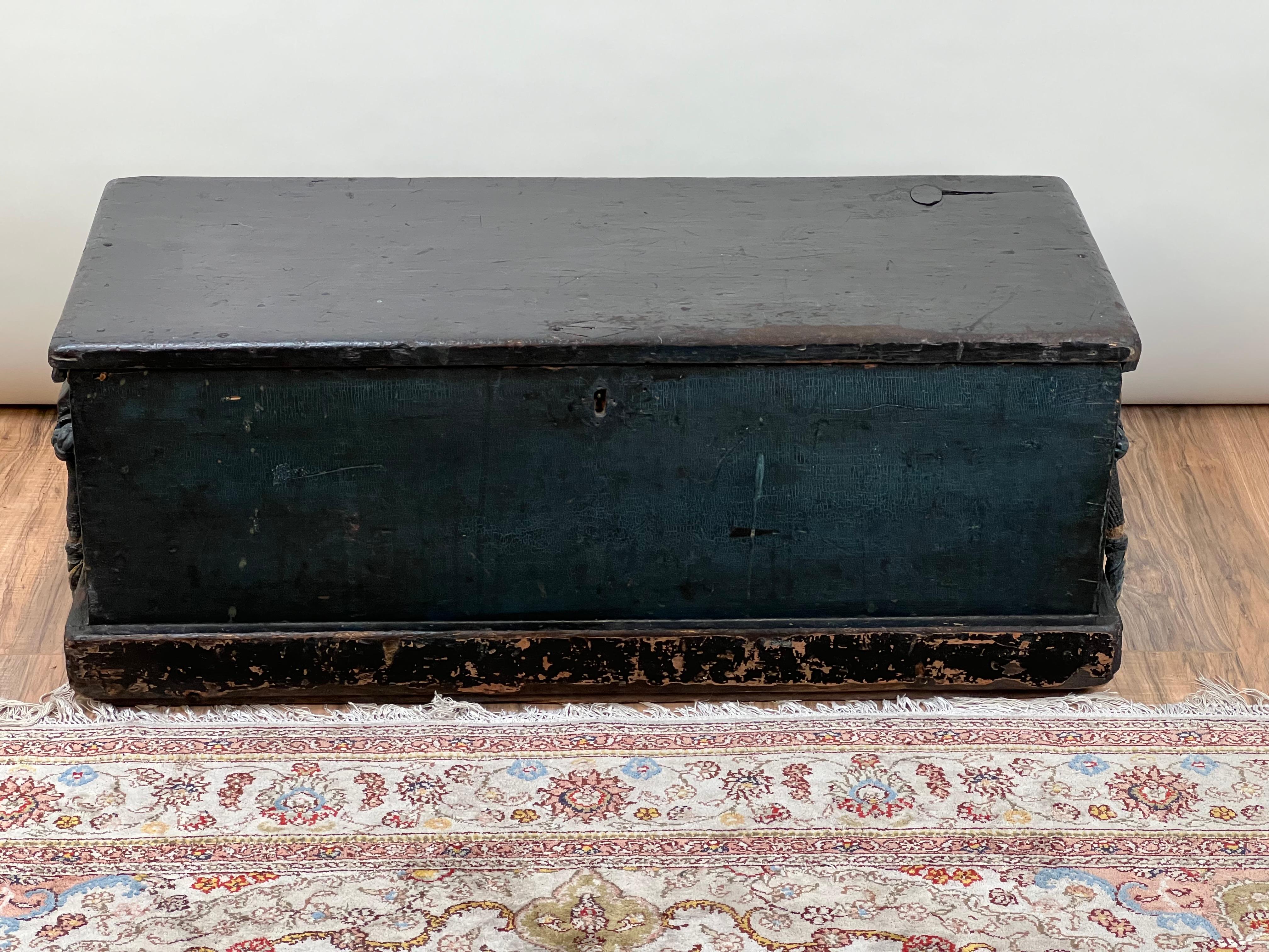 Primitive Antique Early 19th Century Becketed Maine Sea Chest in Original Blue Paint For Sale