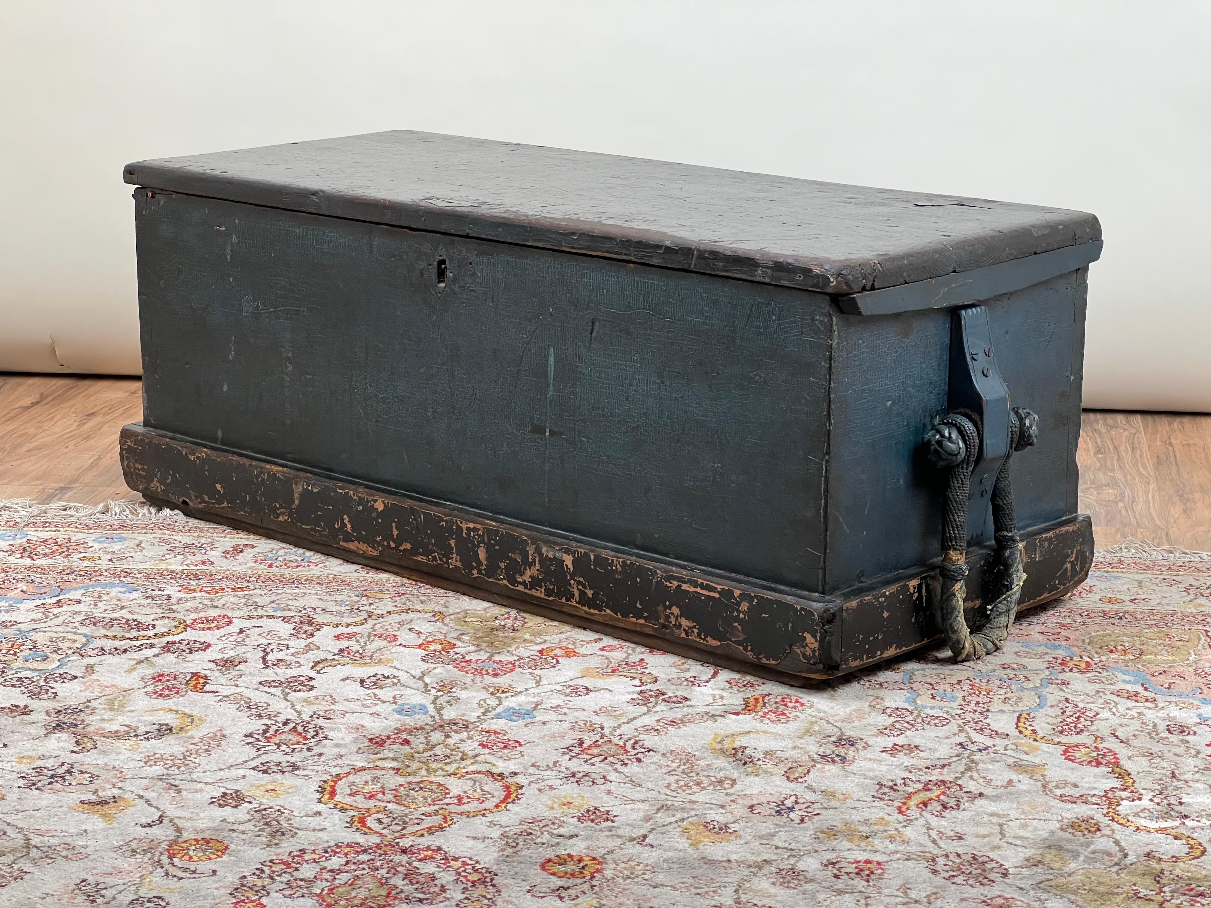 American Antique Early 19th Century Becketed Maine Sea Chest in Original Blue Paint For Sale
