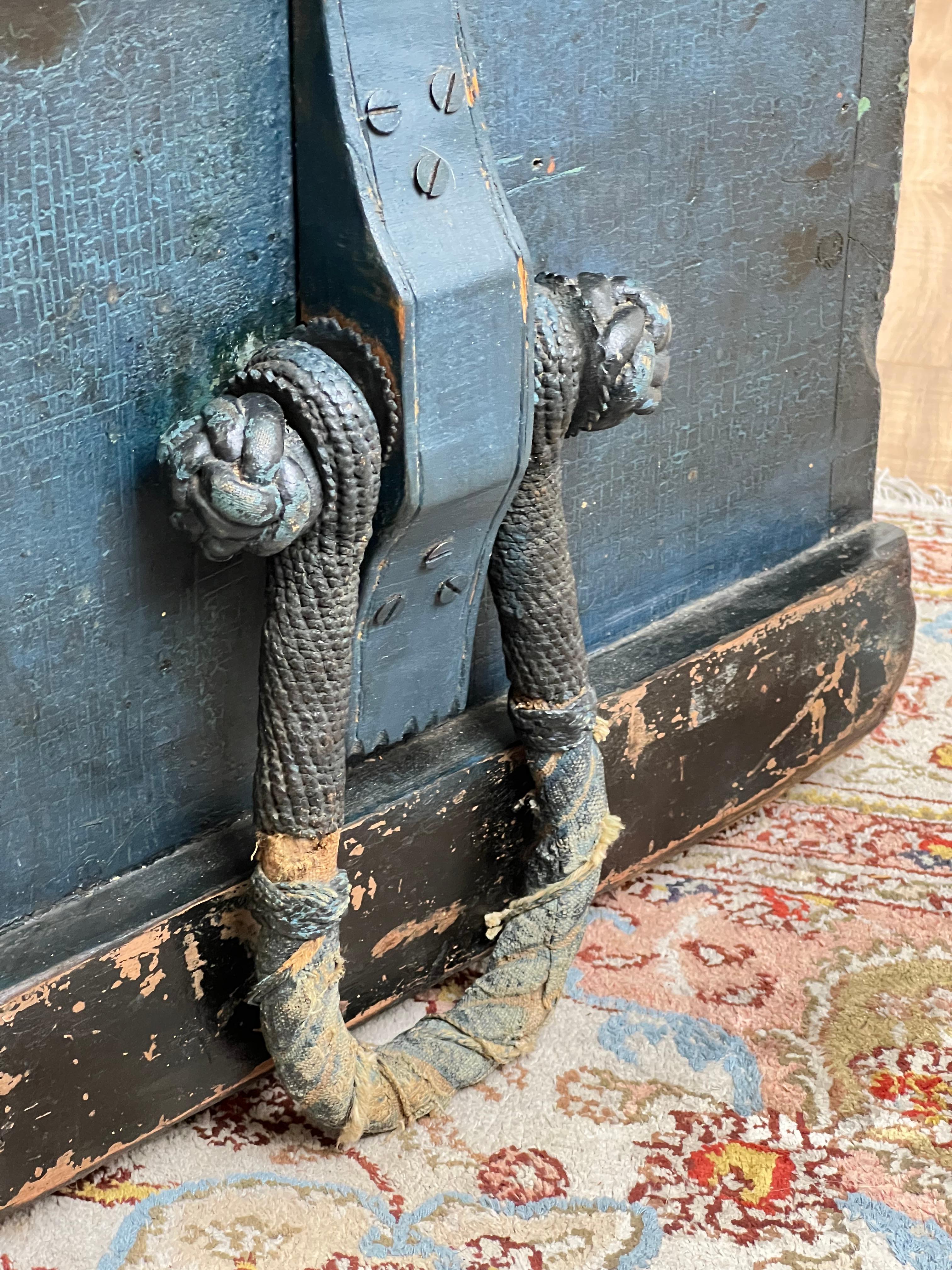 Antique Early 19th Century Becketed Maine Sea Chest in Original Blue Paint In Good Condition For Sale In Westfield, MA
