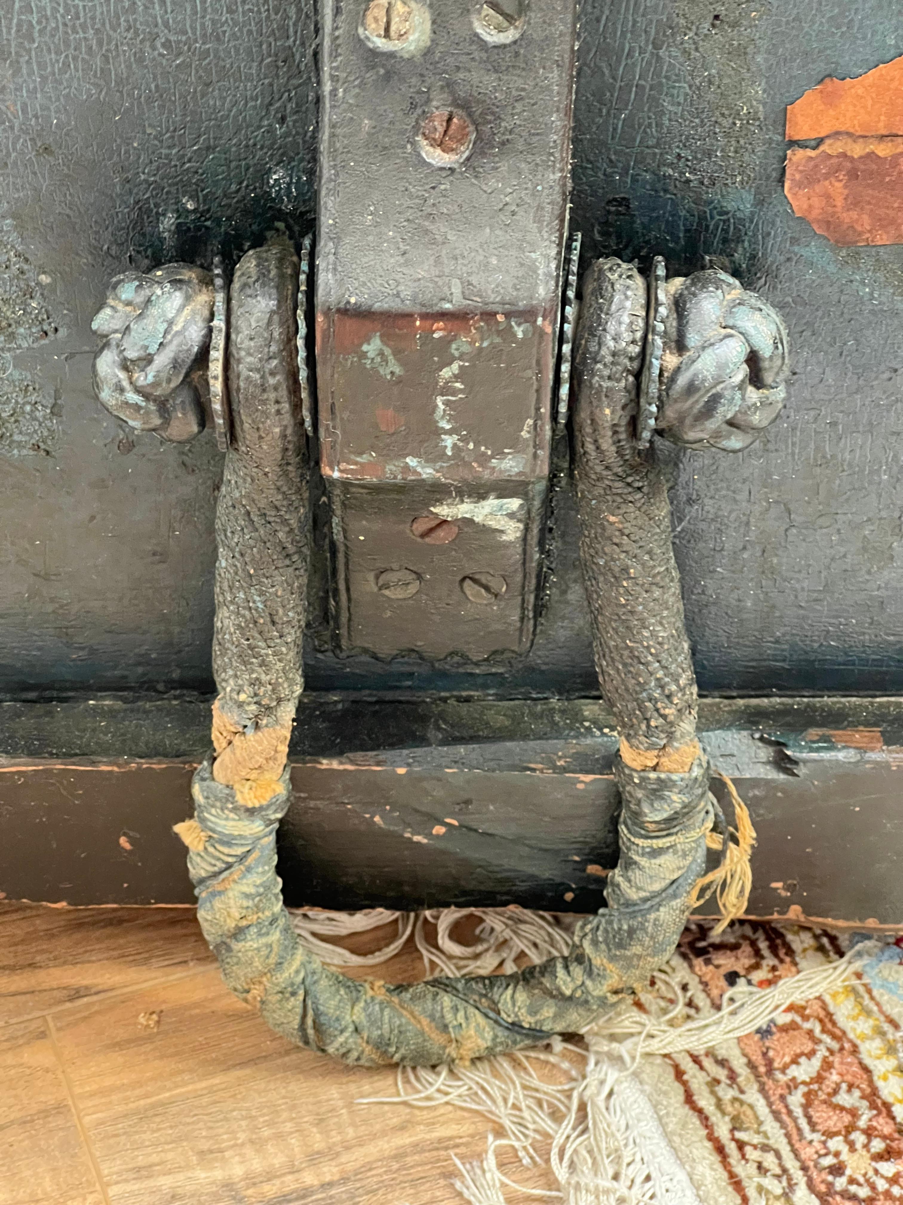 Pine Antique Early 19th Century Becketed Maine Sea Chest in Original Blue Paint For Sale