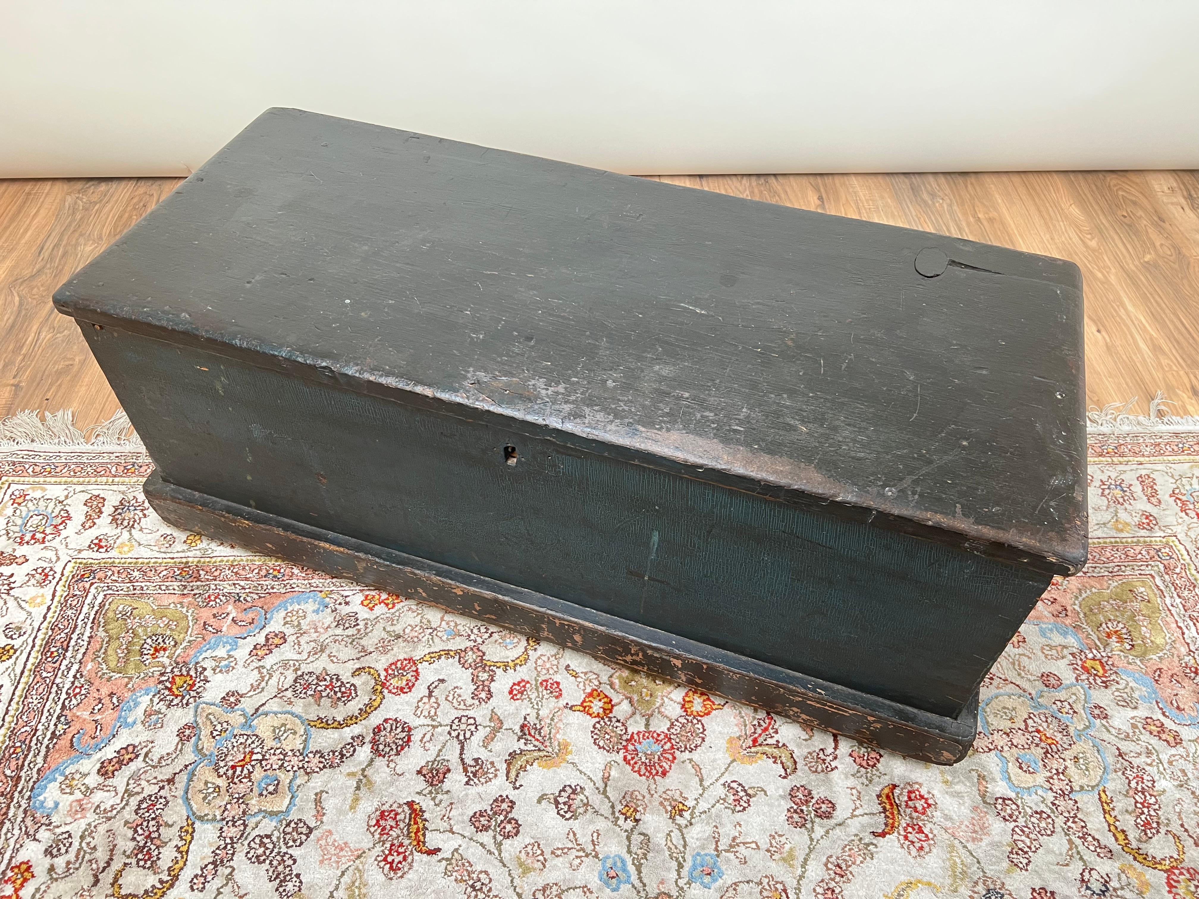 Antique Early 19th Century Becketed Maine Sea Chest in Original Blue Paint For Sale 3