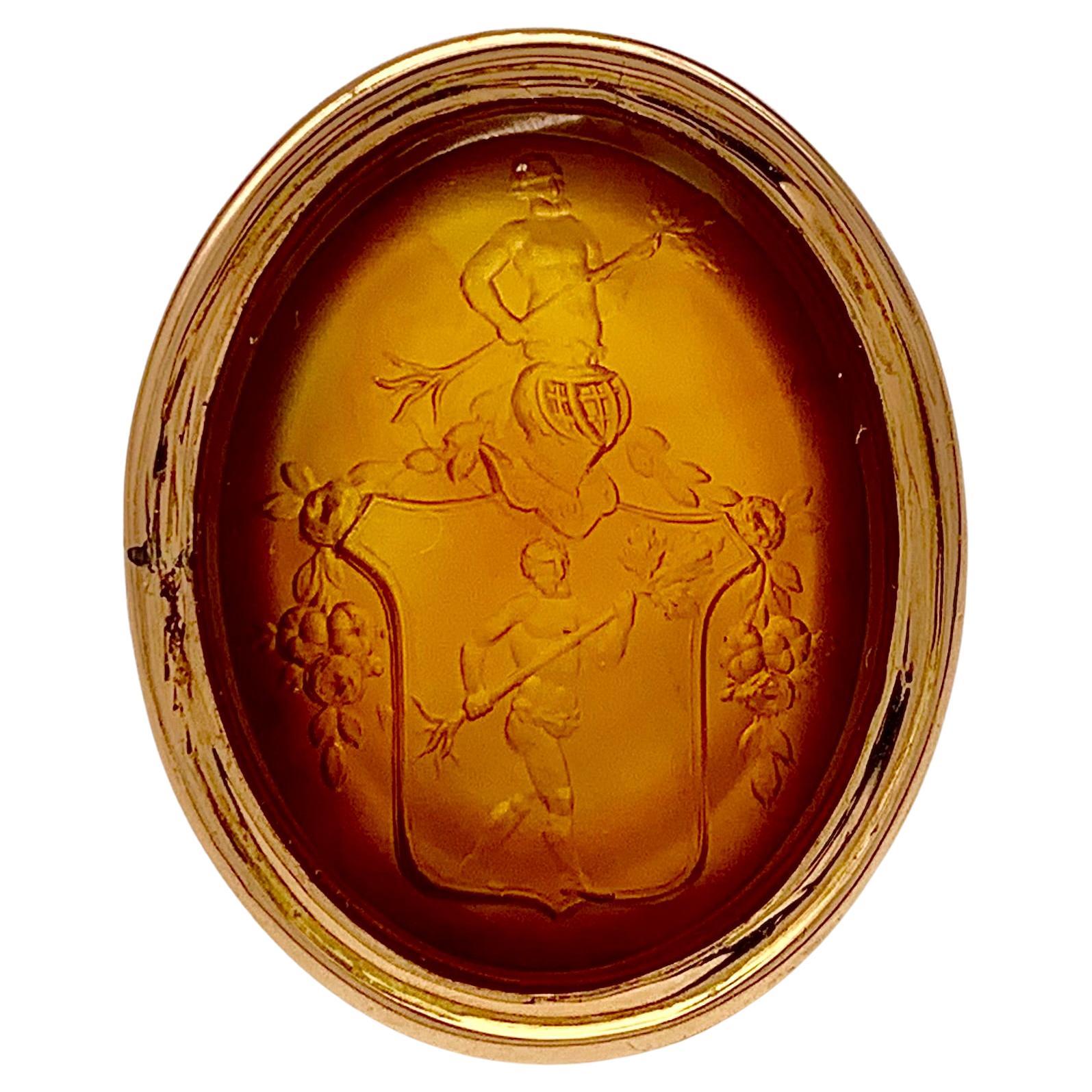 Antique Early 19th Century Carnelian Intaglio Crest 14 Karat Gold Frame    For Sale