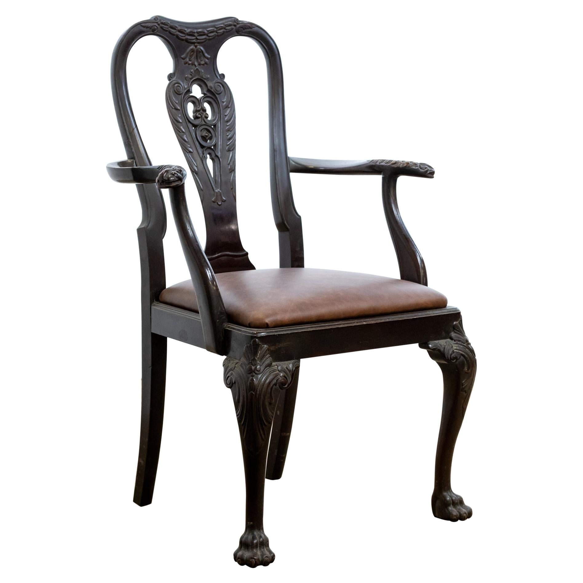 Antique Early 19th Century Carved Padouk Carver Armchair / Desk Chair For Sale
