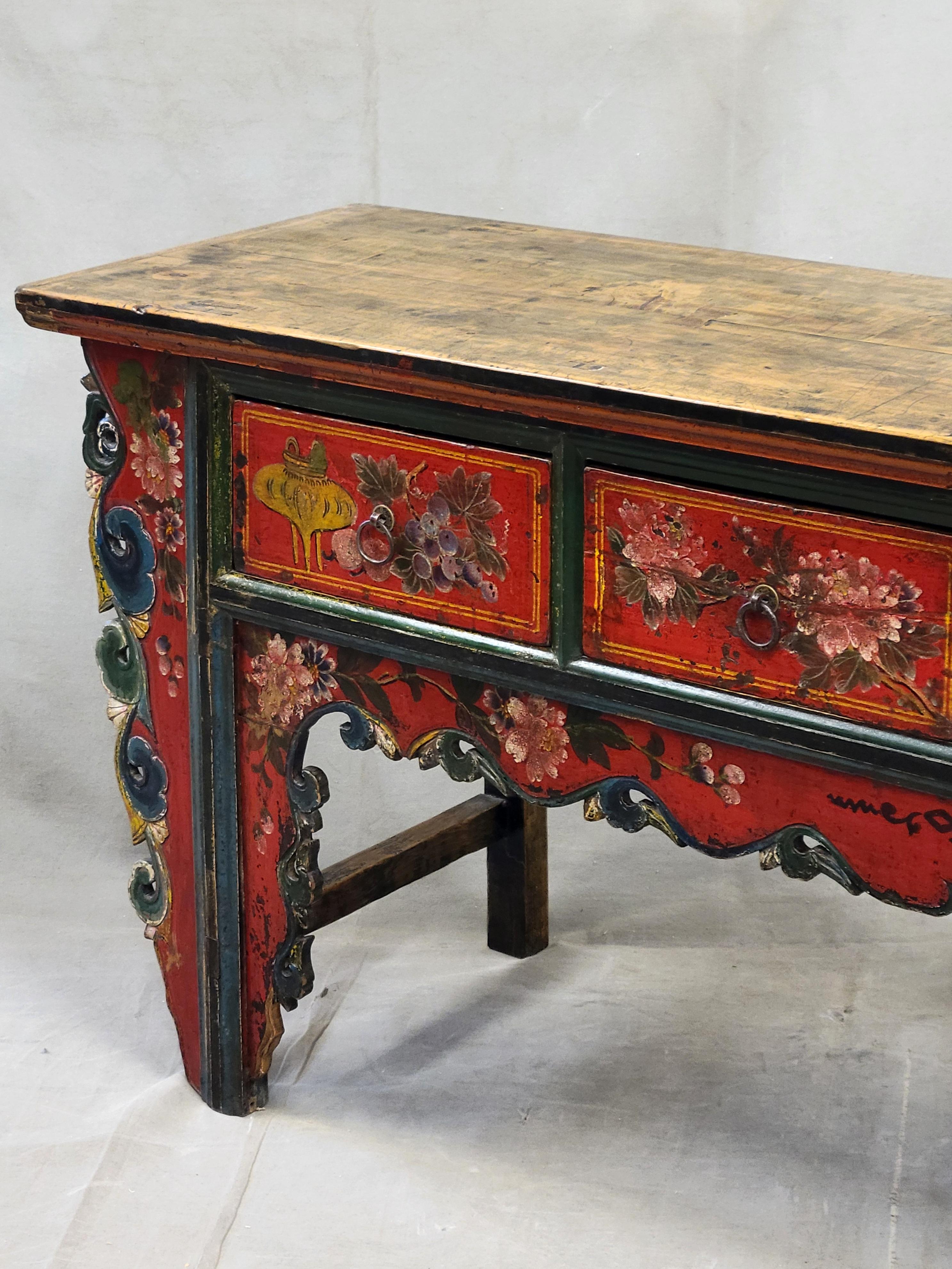 Tibetan Antique Early 19th Century Chinese Red Lacquer Altar / Console Table For Sale