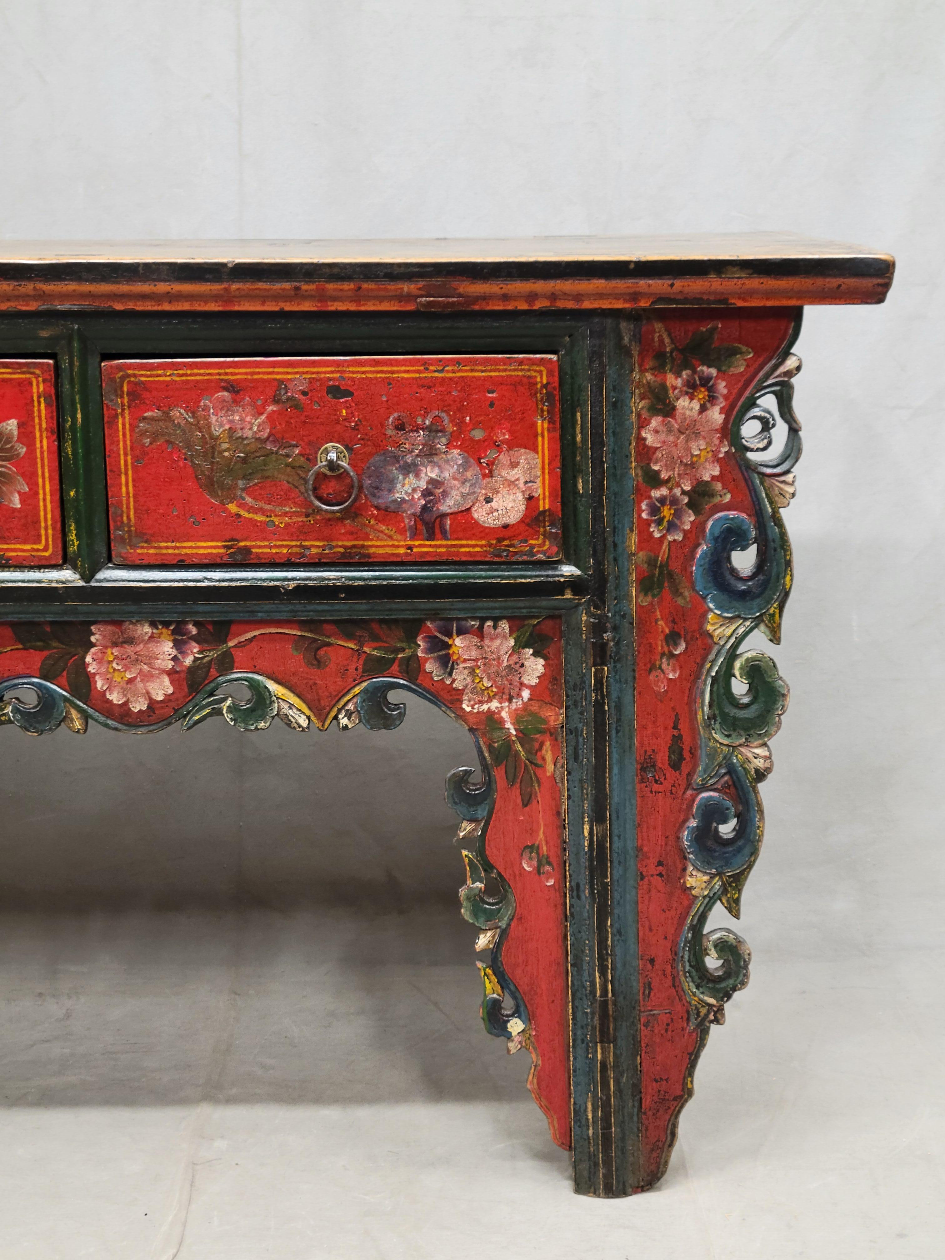 Antique Early 19th Century Chinese Red Lacquer Altar / Console Table In Good Condition For Sale In Centennial, CO