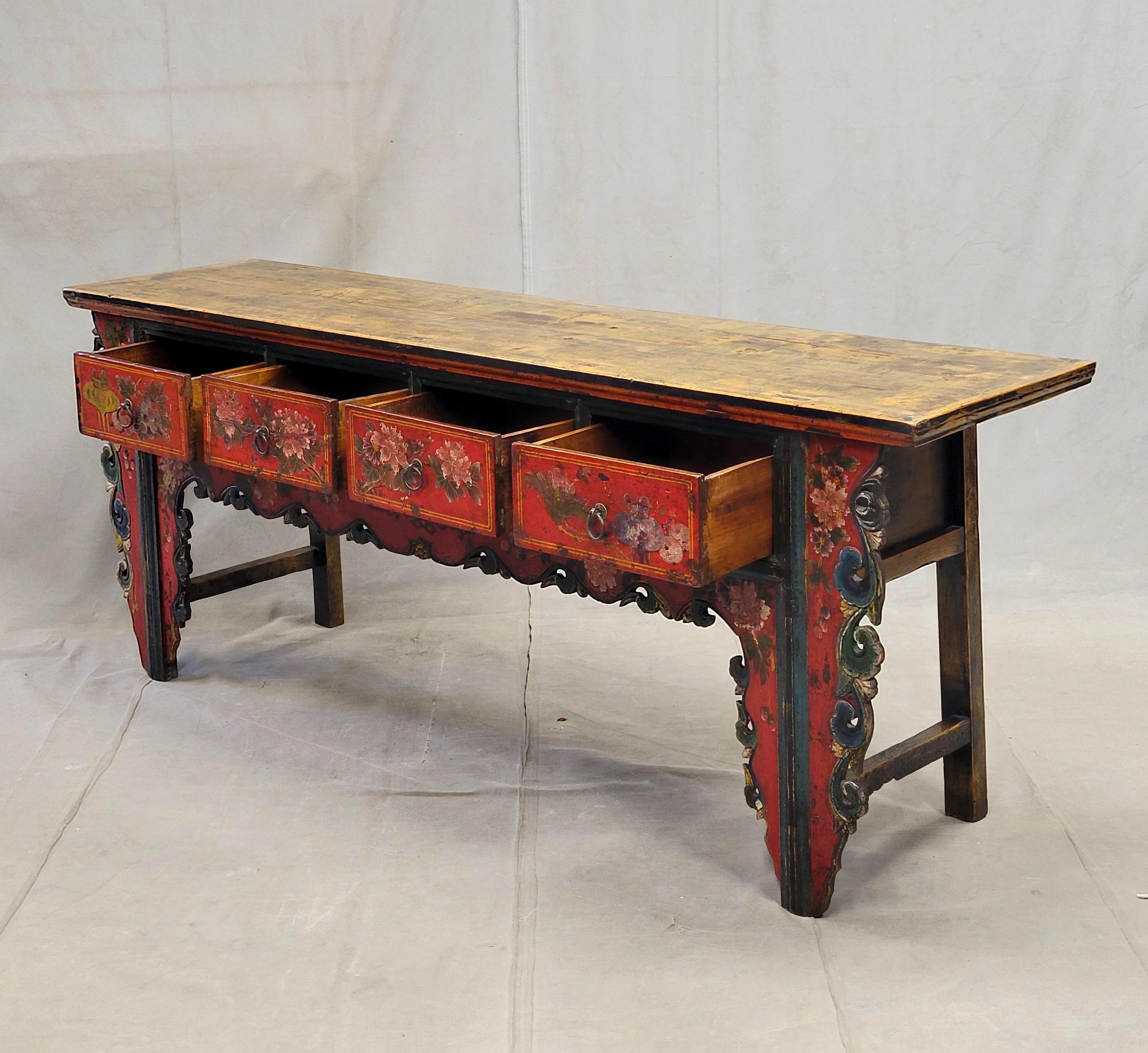 20th Century Antique Early 19th Century Chinese Red Lacquer Altar / Console Table For Sale