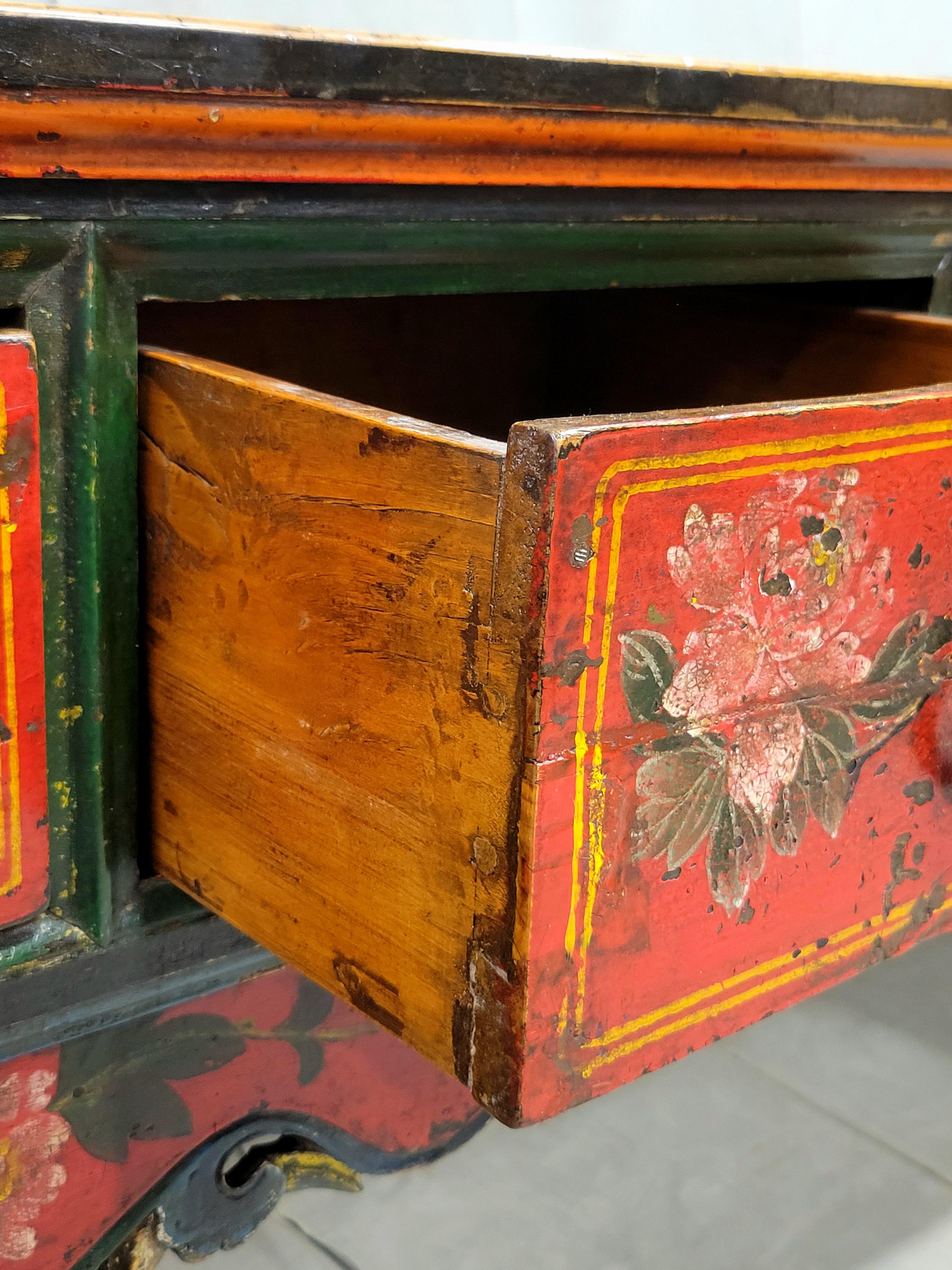 Elm Antique Early 19th Century Chinese Red Lacquer Altar / Console Table For Sale