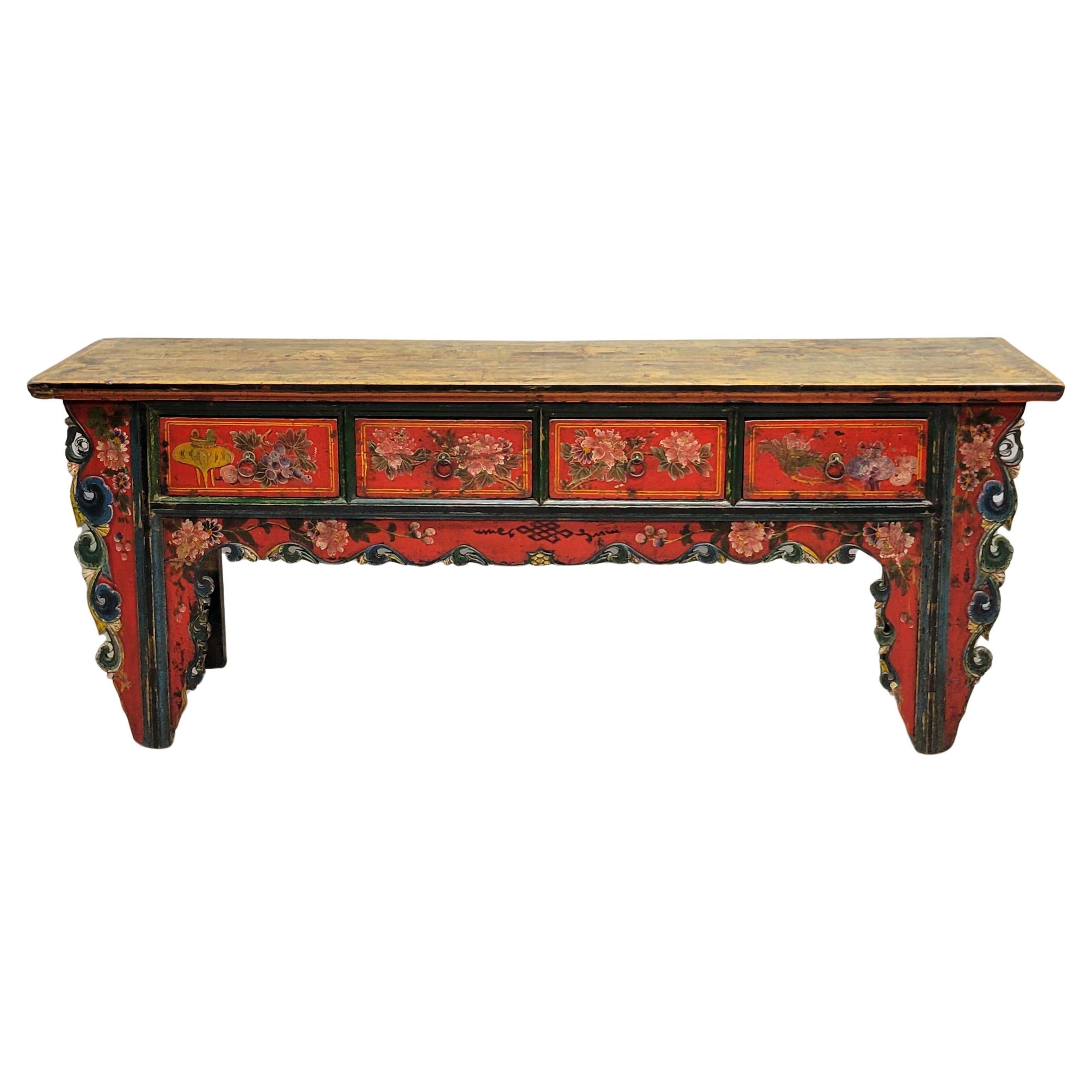 Antique Early 19th Century Chinese Red Lacquer Altar / Console Table For Sale