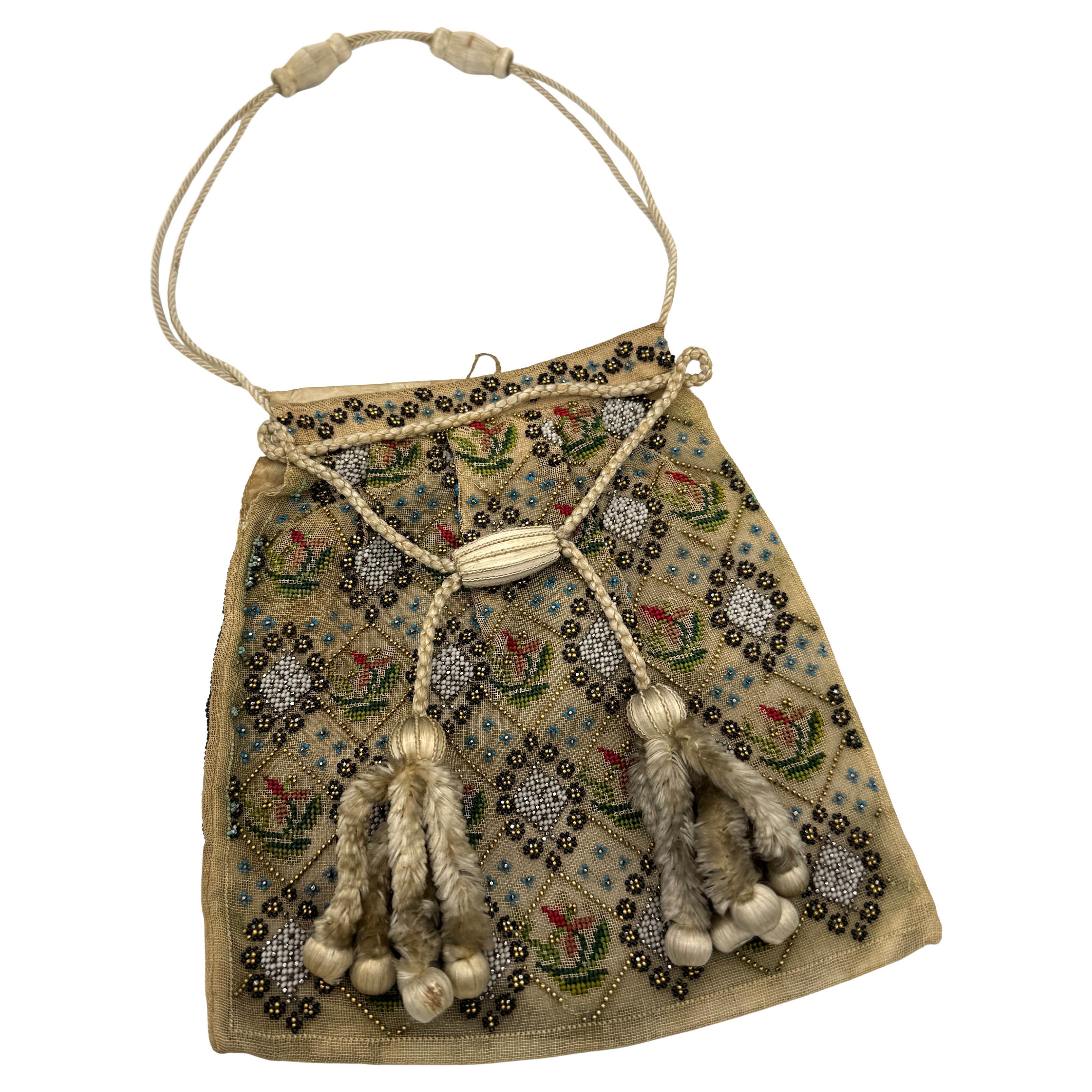 Antique Early 19th Century Embroidery Silk Handbag Applique Bead work