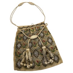 Antique Early 19th Century Embroidery Silk Handbag Applique Bead work