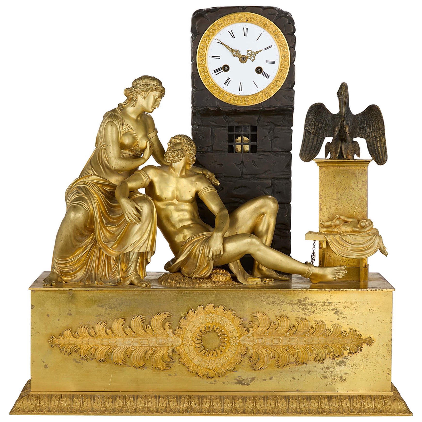 Antico orologio da caminetto Impero del primo Ottocento in bronzo patinato e dorato
