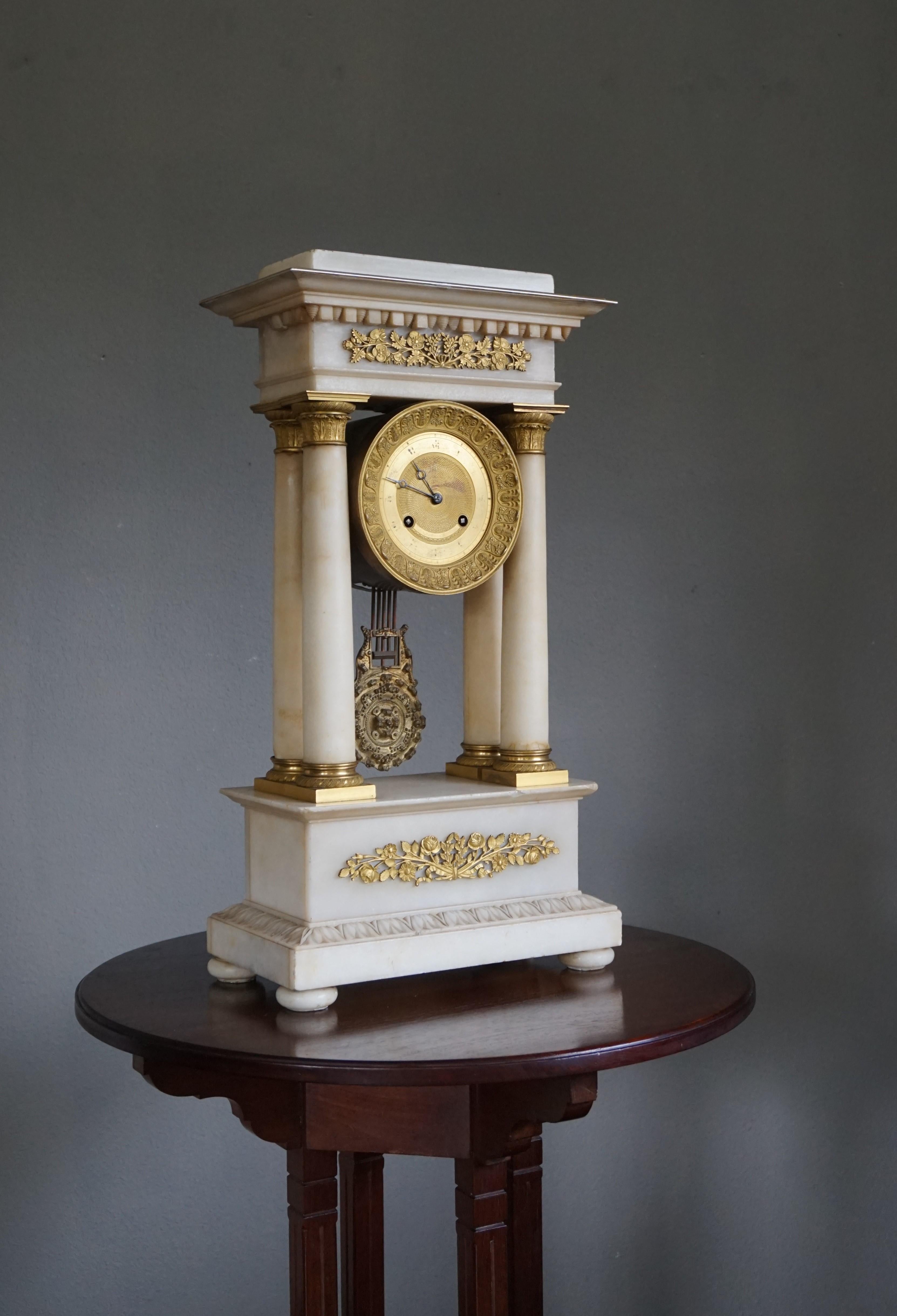 Antique Early 19th Century Empire Style Alabaster and Gilt Bronze Mantel Clock 9