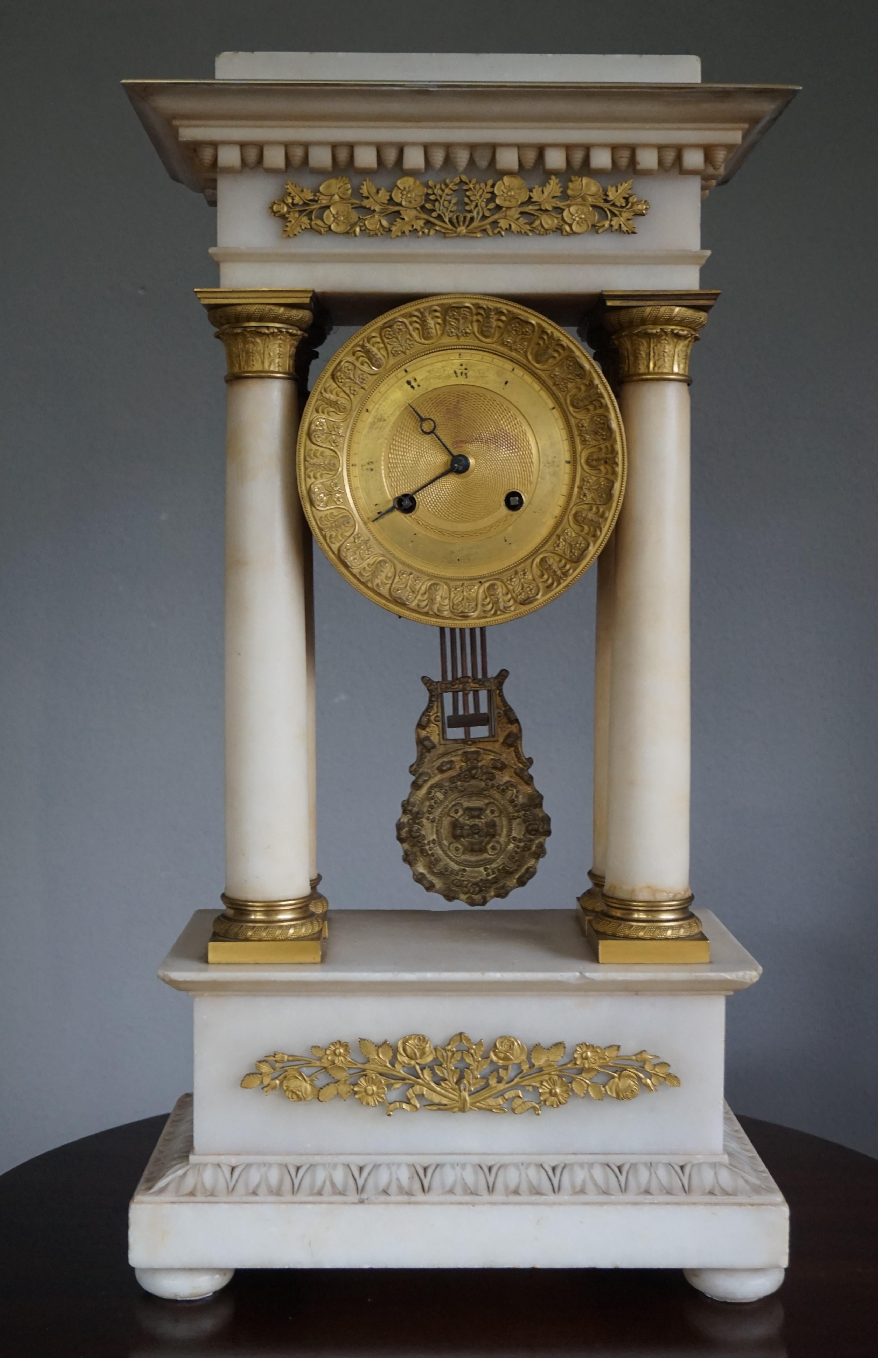 French Antique Early 19th Century Empire Style Alabaster and Gilt Bronze Mantel Clock