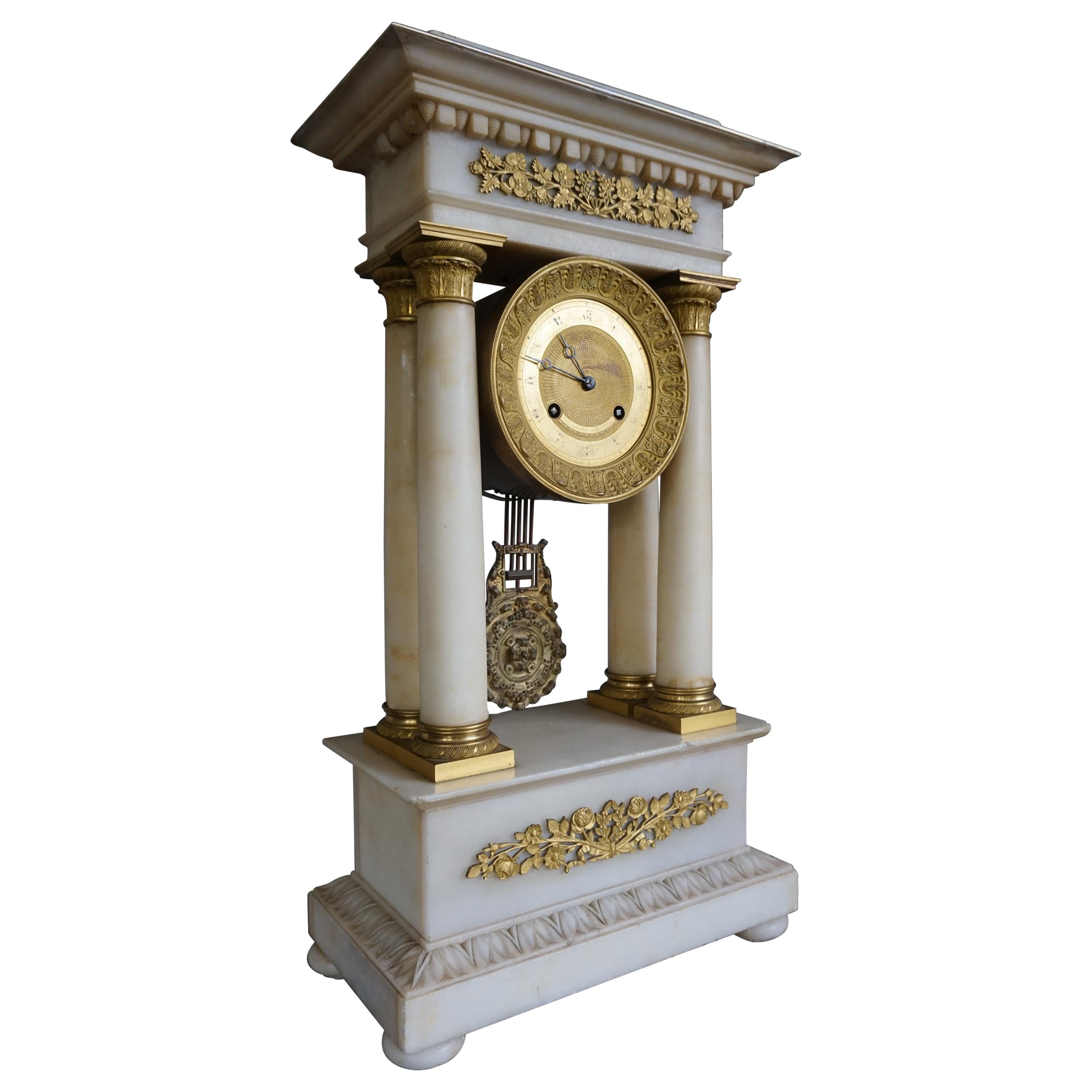 Antique Early 19th Century Empire Style Alabaster and Gilt Bronze Mantel Clock