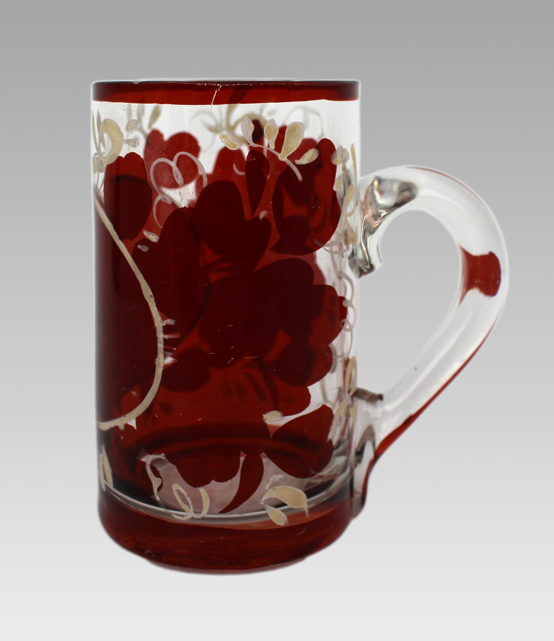 Antique Early 19th Century English Glass Tankard – Red Lustre with Hand-Painted Flowers

A stunning example of early 19th-century English craftsmanship, this glass tankard features a rich red lustre design paired with beautifully hand-painted floral