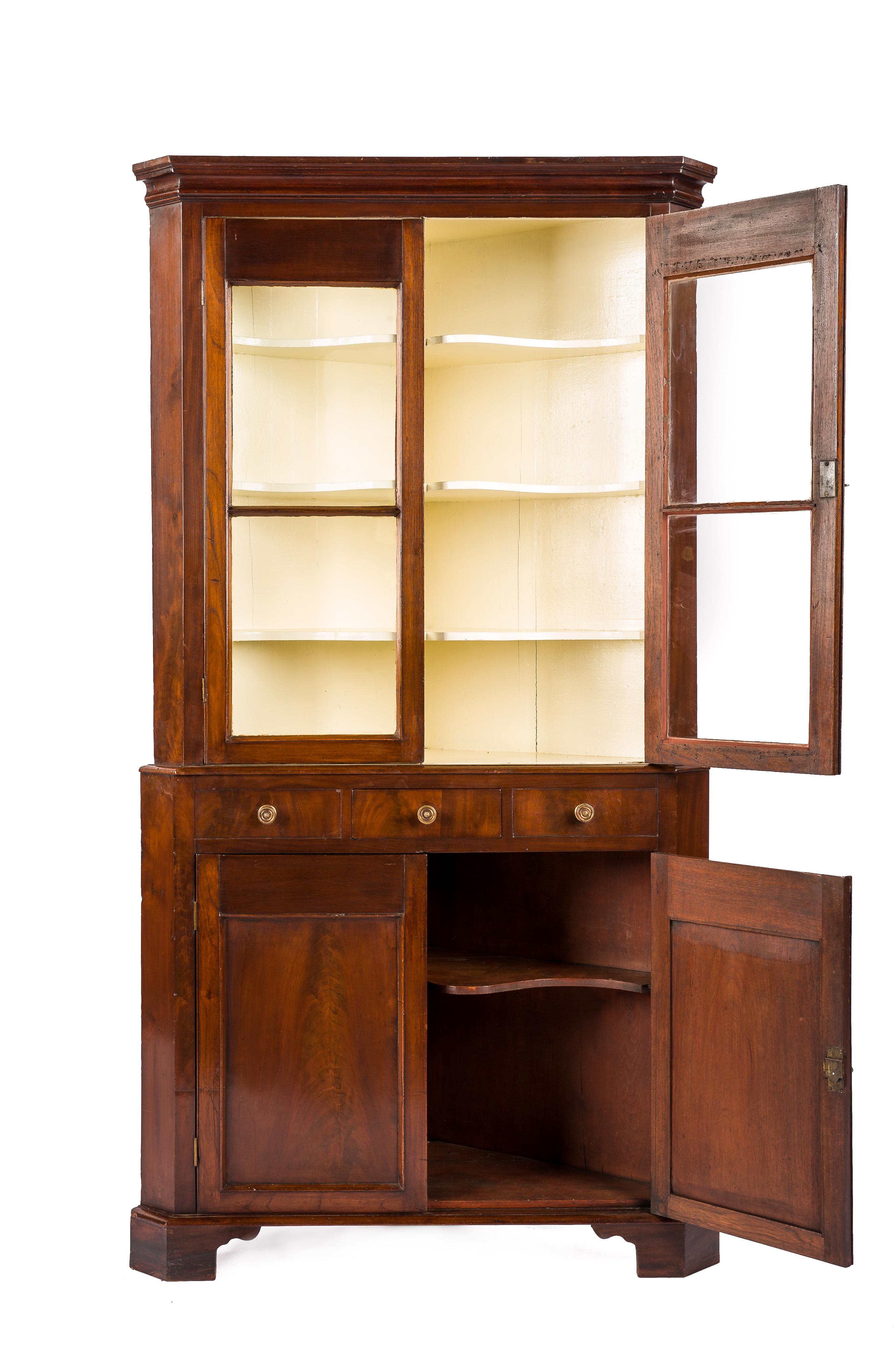 British Antique Early 19th Century English Regency Mahogany Glazed Corner Cupboard For Sale
