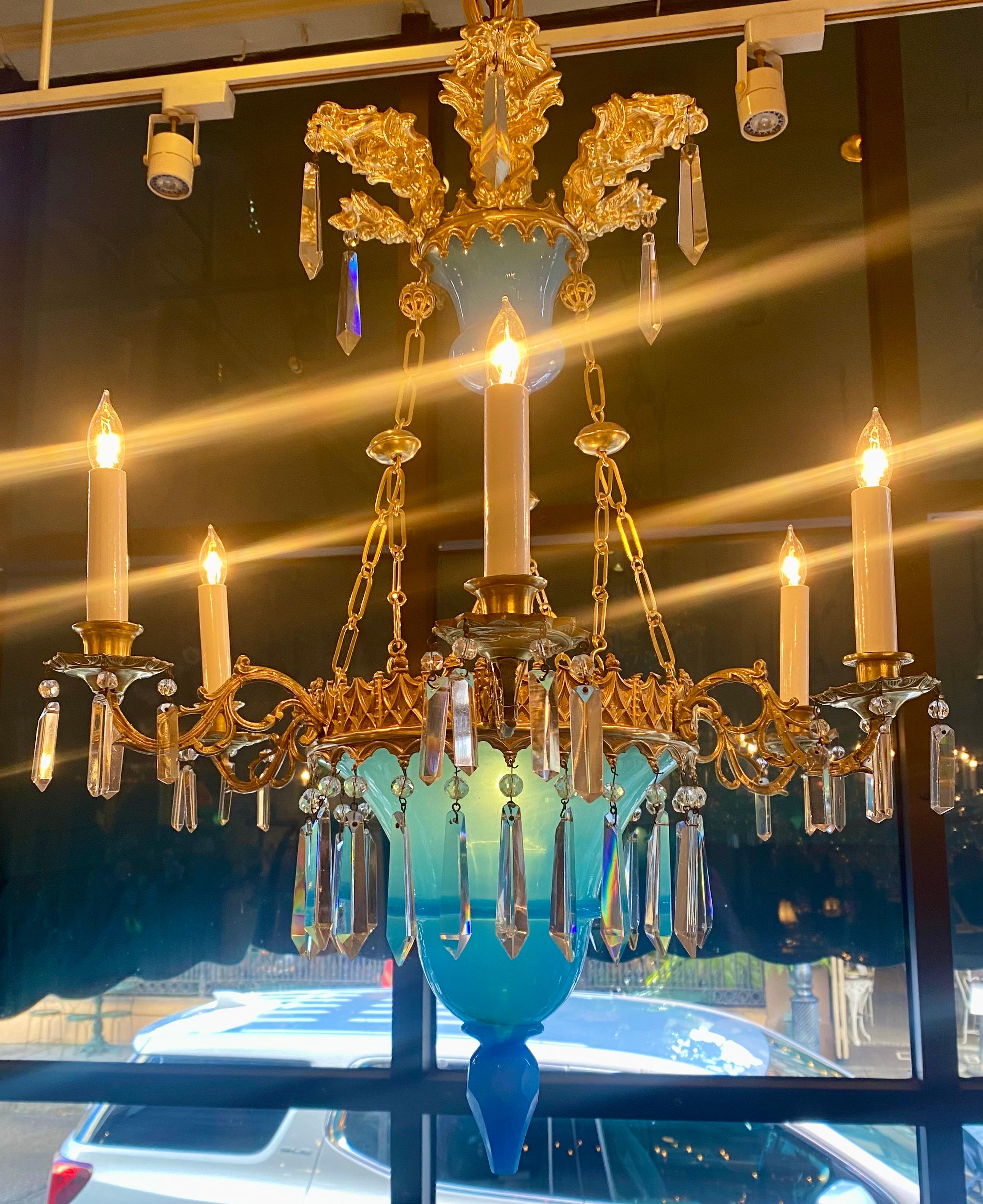 Rare antique early 19th century Northern European gilt metal & blue opaline glass chandelier.