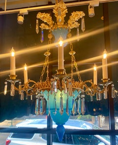 Antique Early 19th Century European Gilt Metal & Blue Opaline Glass Chandelier