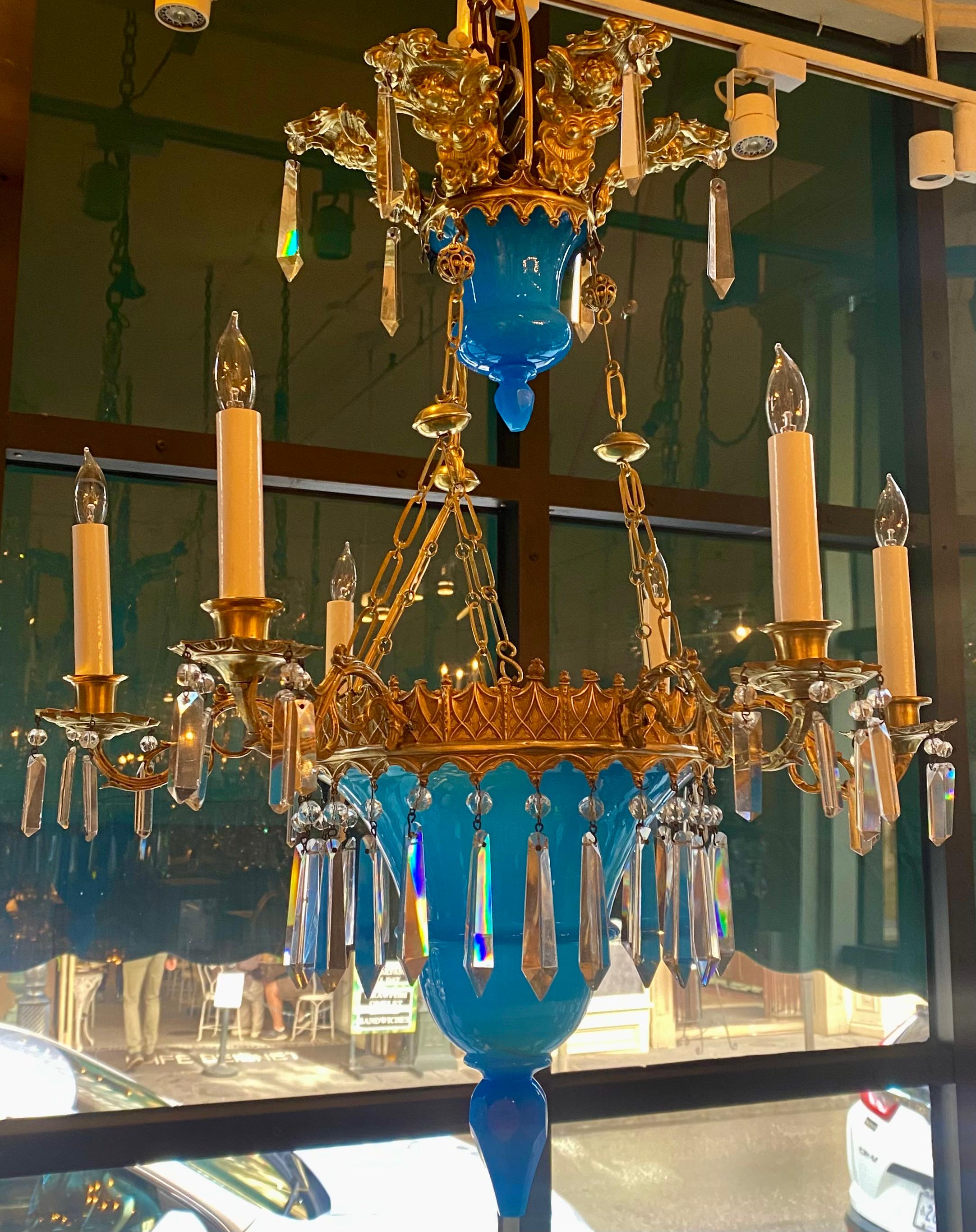 Antique Early 19th Century European Gilt Metal & Blue Opaline Glass Chandelier In Good Condition For Sale In New Orleans, LA