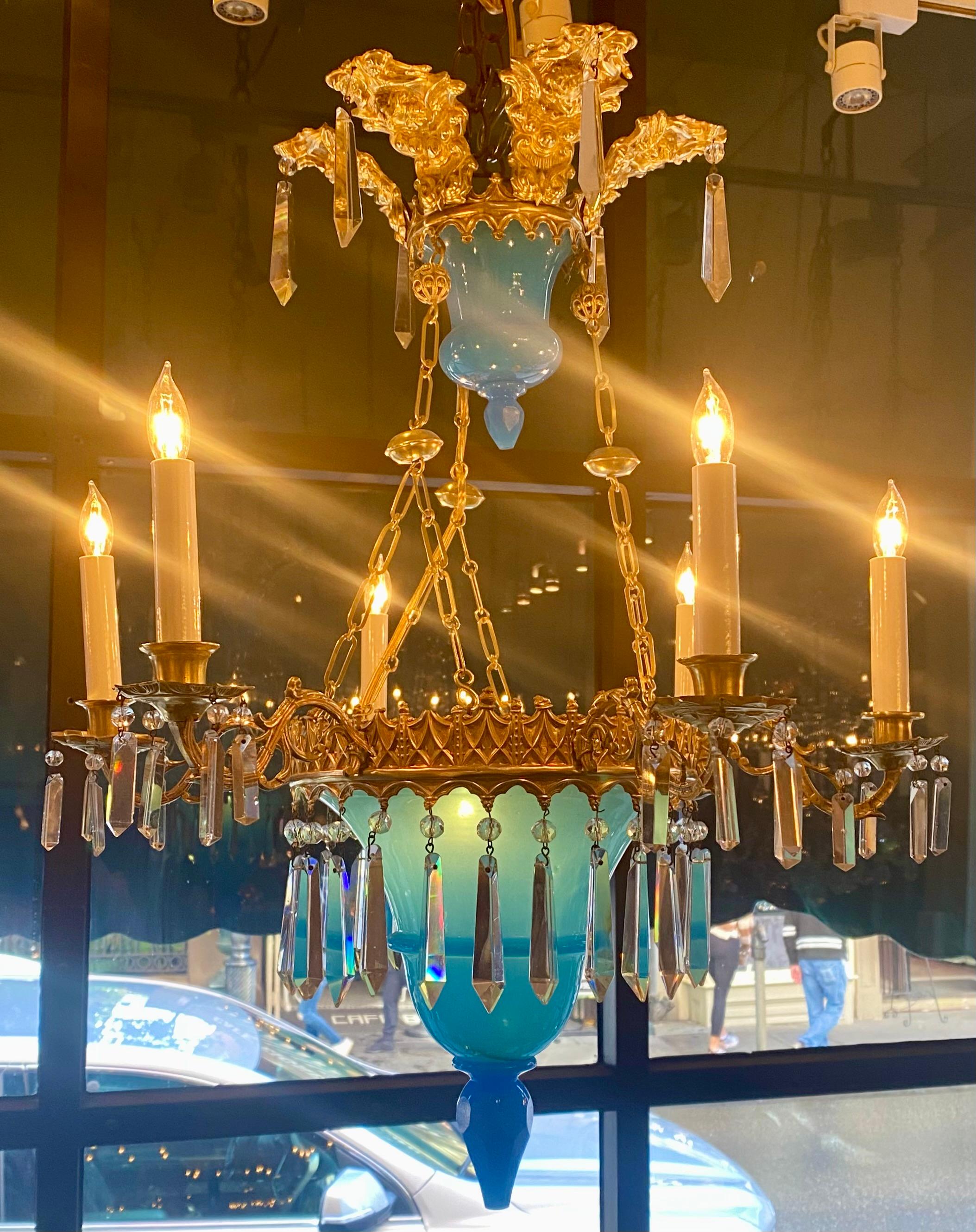 Antique Early 19th Century European Gilt Metal & Blue Opaline Glass Chandelier For Sale 1