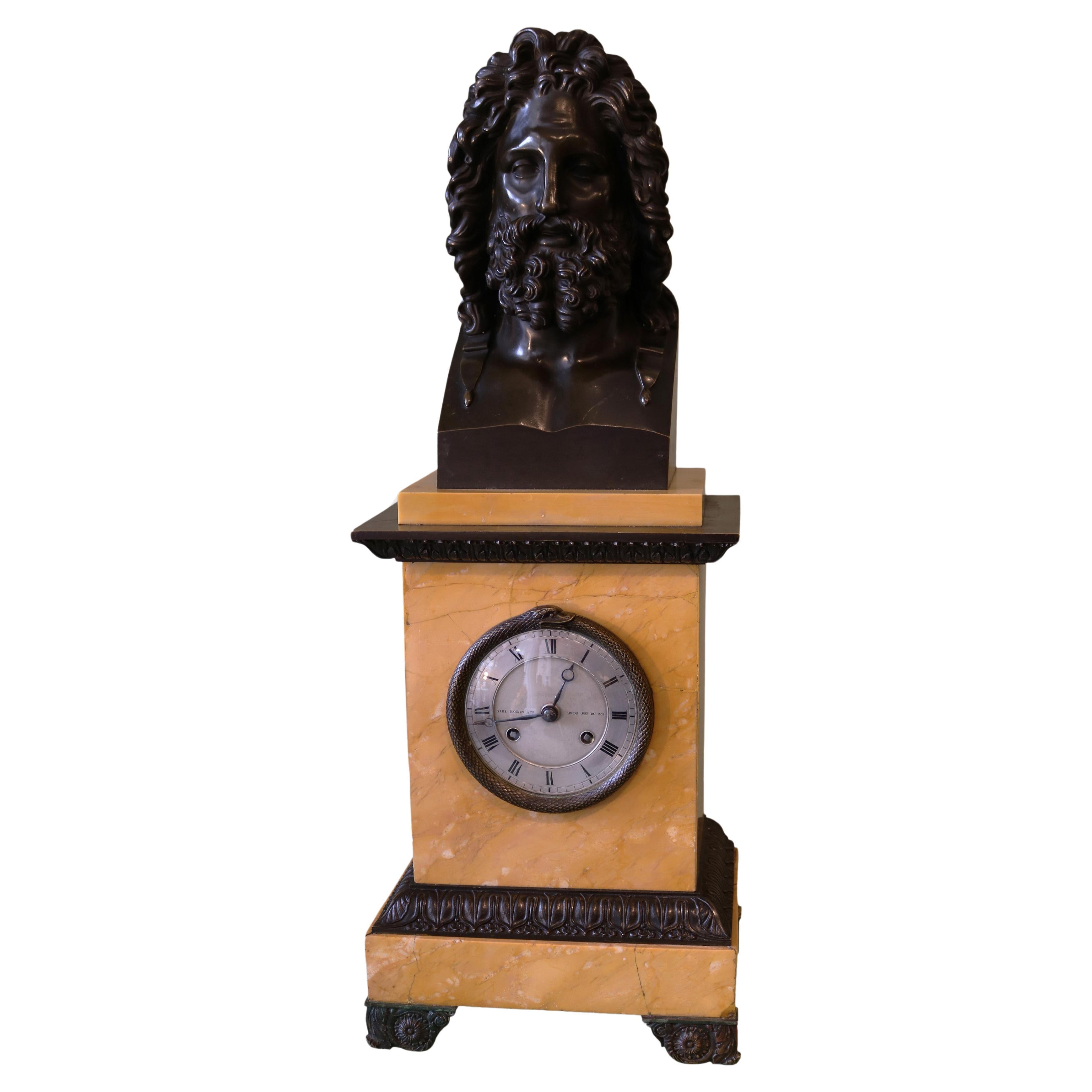 Antique early 19th century French bronze and Sienna marble mantle clock For Sale