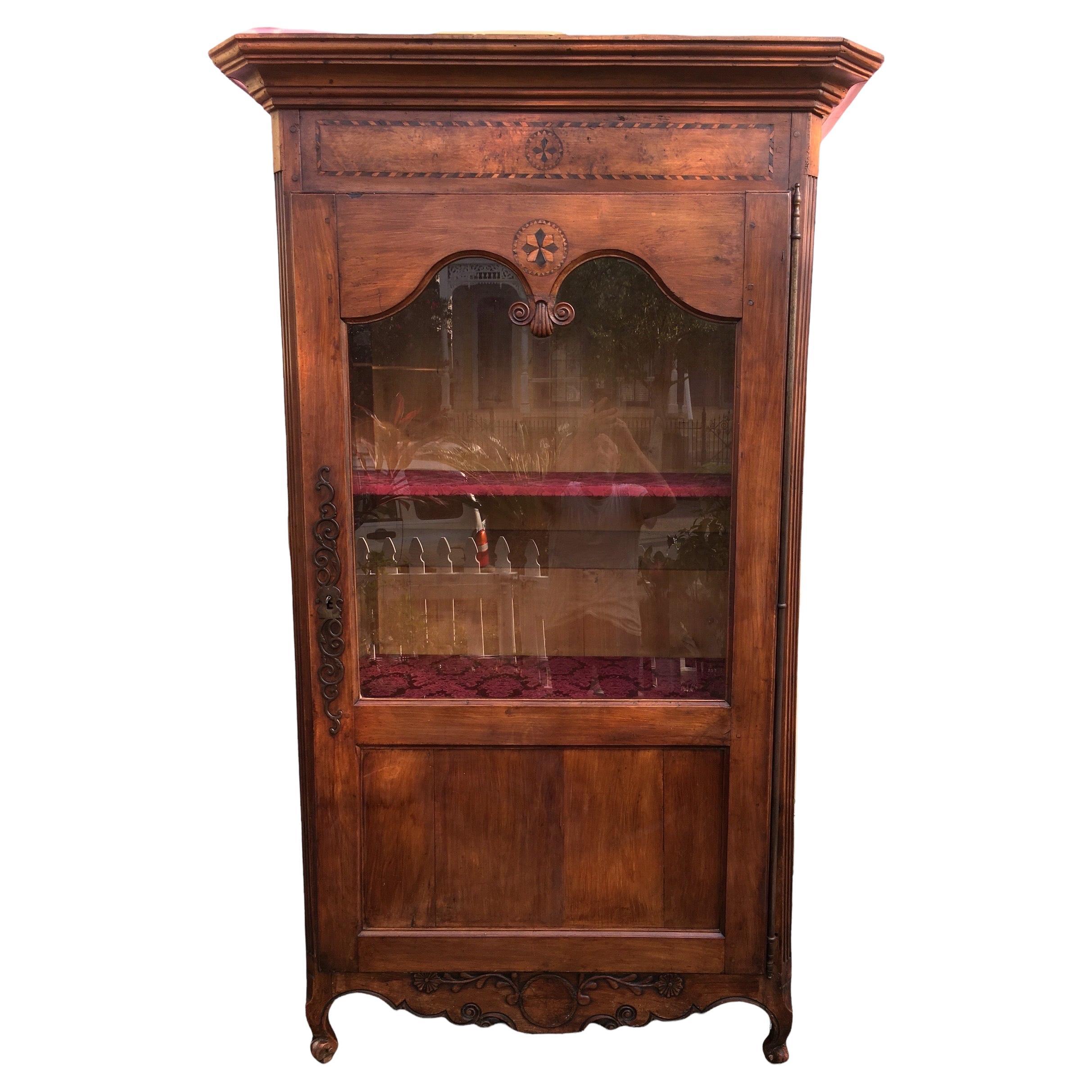 Antique Early 19th Century French Carved and Inlaid Cherry Vitrine