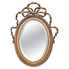 Antique Early 19th Century French Gold Leaf Oval Mirror w/ Bow & Ribbon Detail