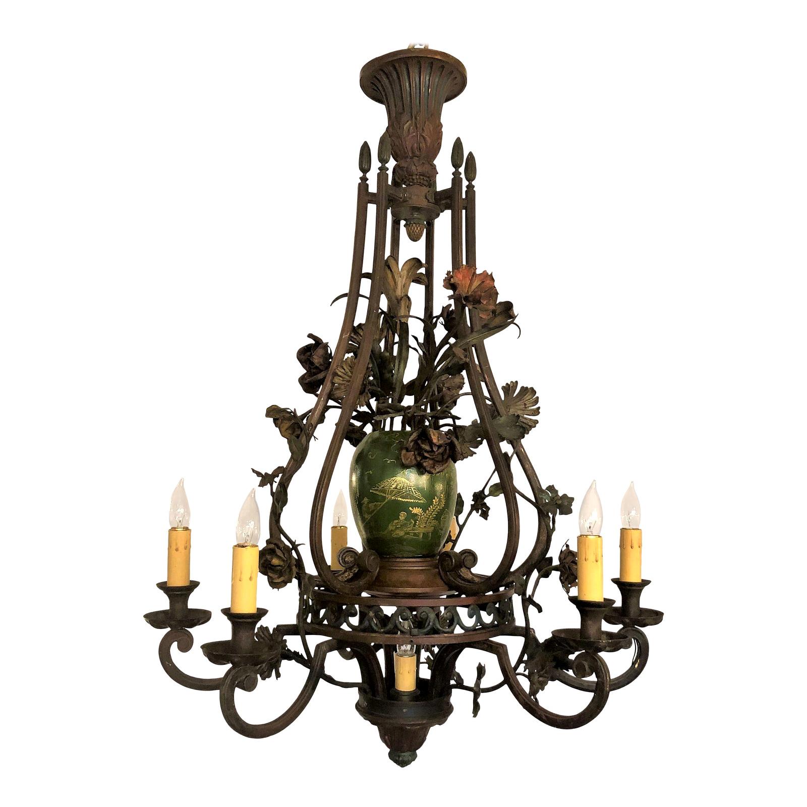 Antique Early 19th Century French Iron and Tole Chandelier For Sale
