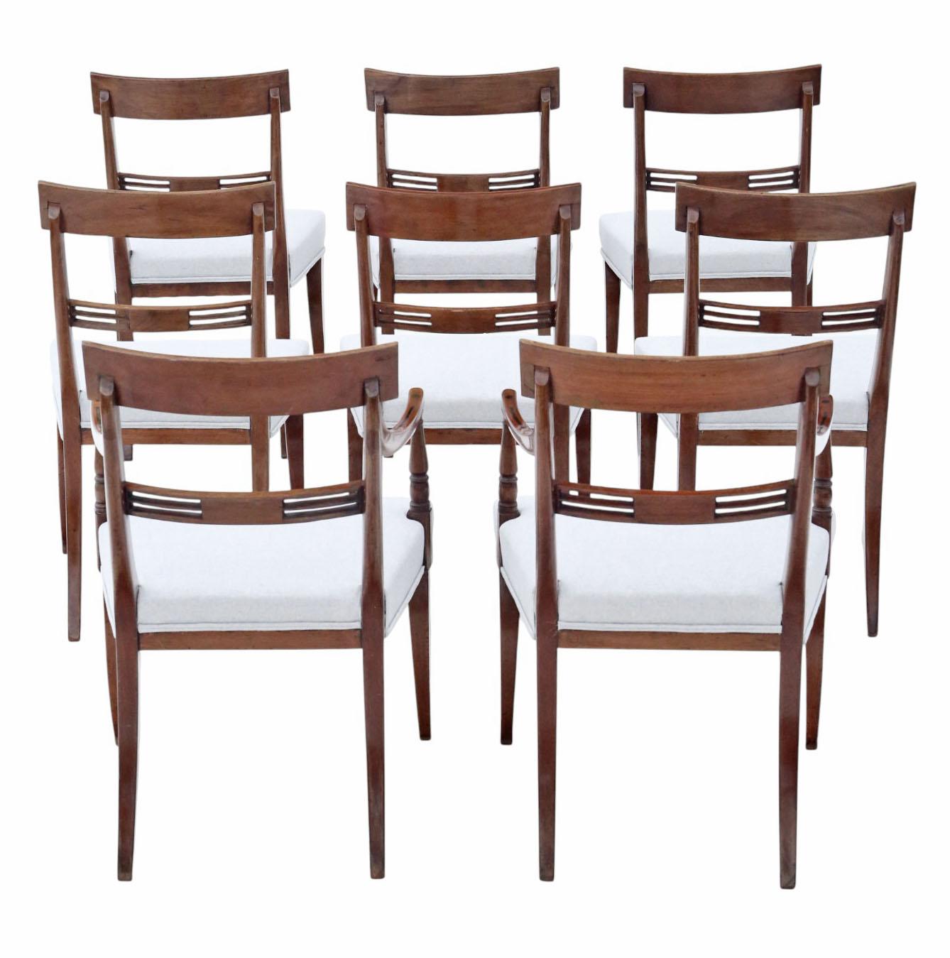 Antiche sedie da pranzo e da intagliatore in mogano della Reggenza georgiana dell'inizio del XIX secolo - Set di 8 pezzi, qualità pregiata

Un raro reperto decorativo, questo set di otto sedie da pranzo e da intagliatore in mogano dell'inizio del