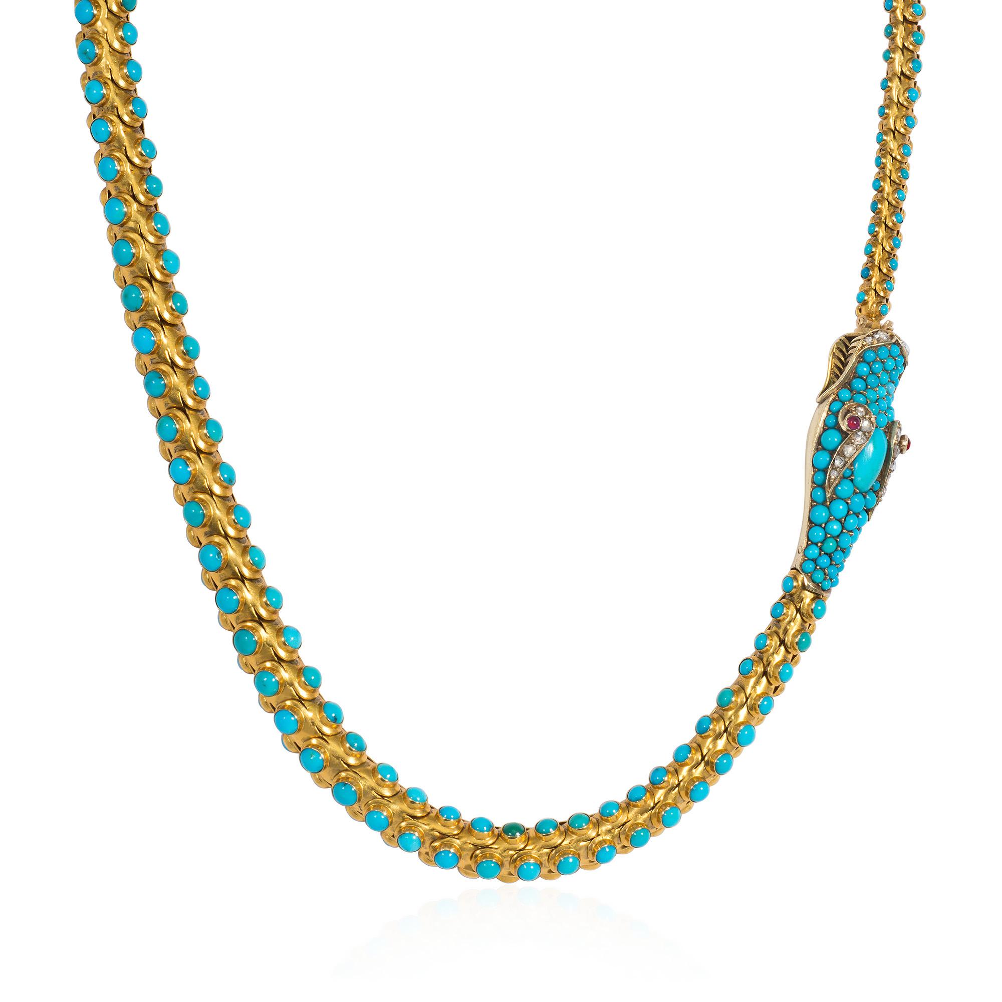 An antique Georgian period gold, turquoise, diamond and ruby snake necklace in the form of an articulated ouroboros serpent with a turquoise studded body, diamond-set head, and cabochon ruby eyes, in 18k.

* Includes letter of authenticity for