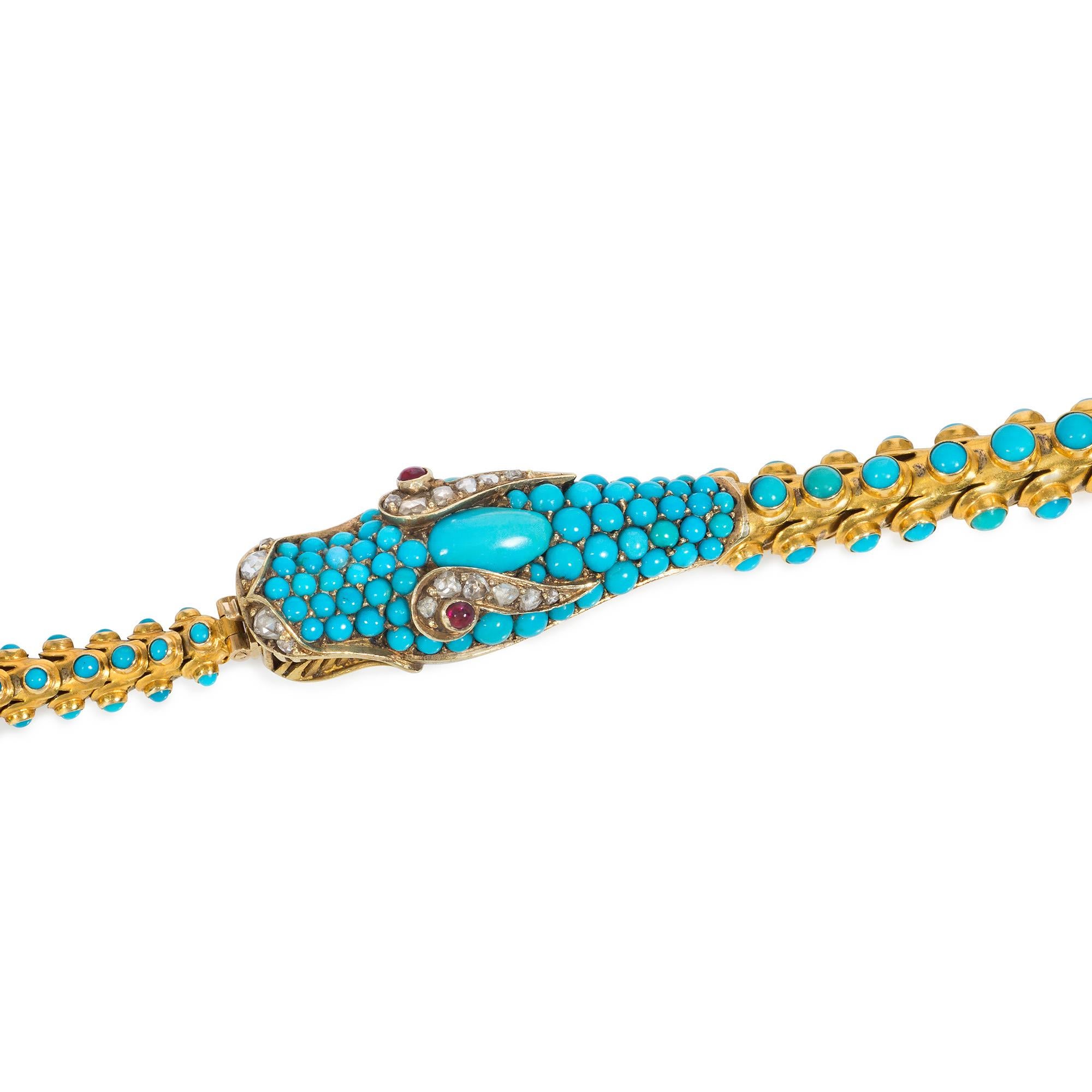 Cabochon Antique Early 19th Century Gold and Turquoise Snake Necklace with Gem-set Head For Sale
