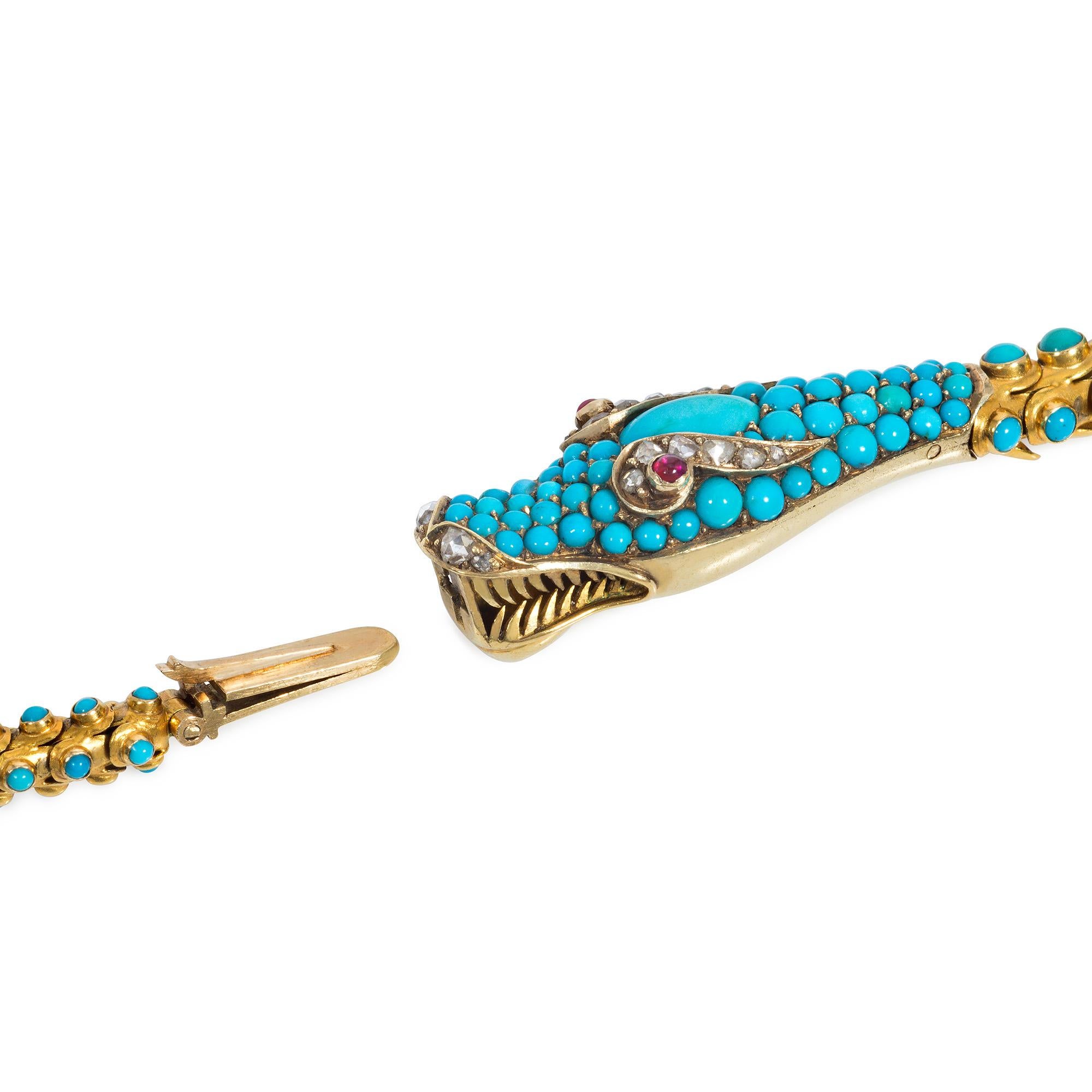 Antique Early 19th Century Gold and Turquoise Snake Necklace with Gem-set Head In Good Condition For Sale In New York, NY