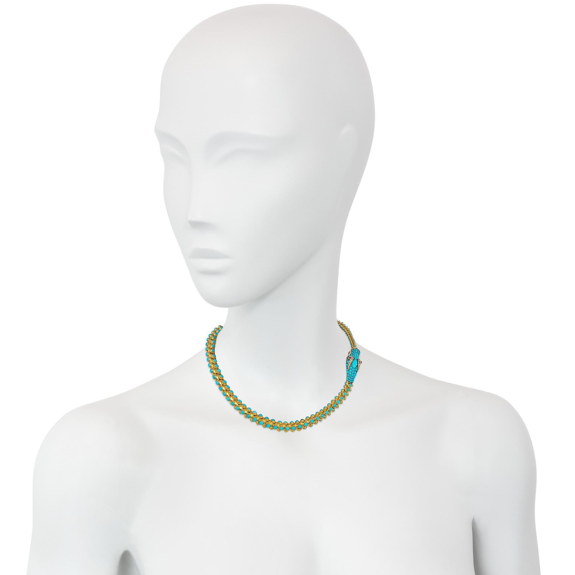 Women's or Men's Antique Early 19th Century Gold and Turquoise Snake Necklace with Gem-set Head For Sale