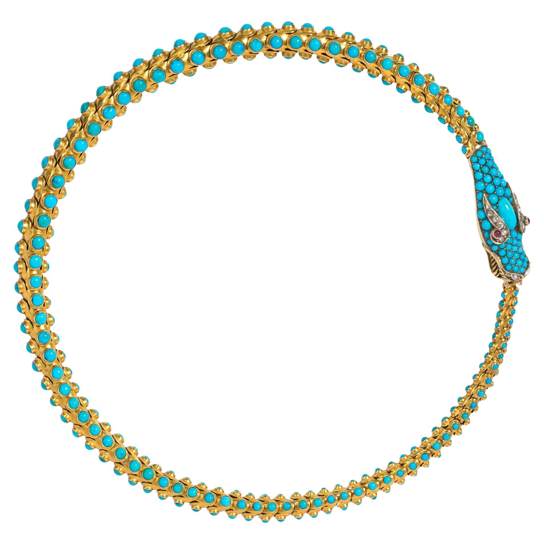 Antique Early 19th Century Gold and Turquoise Snake Necklace with Gem-set Head For Sale