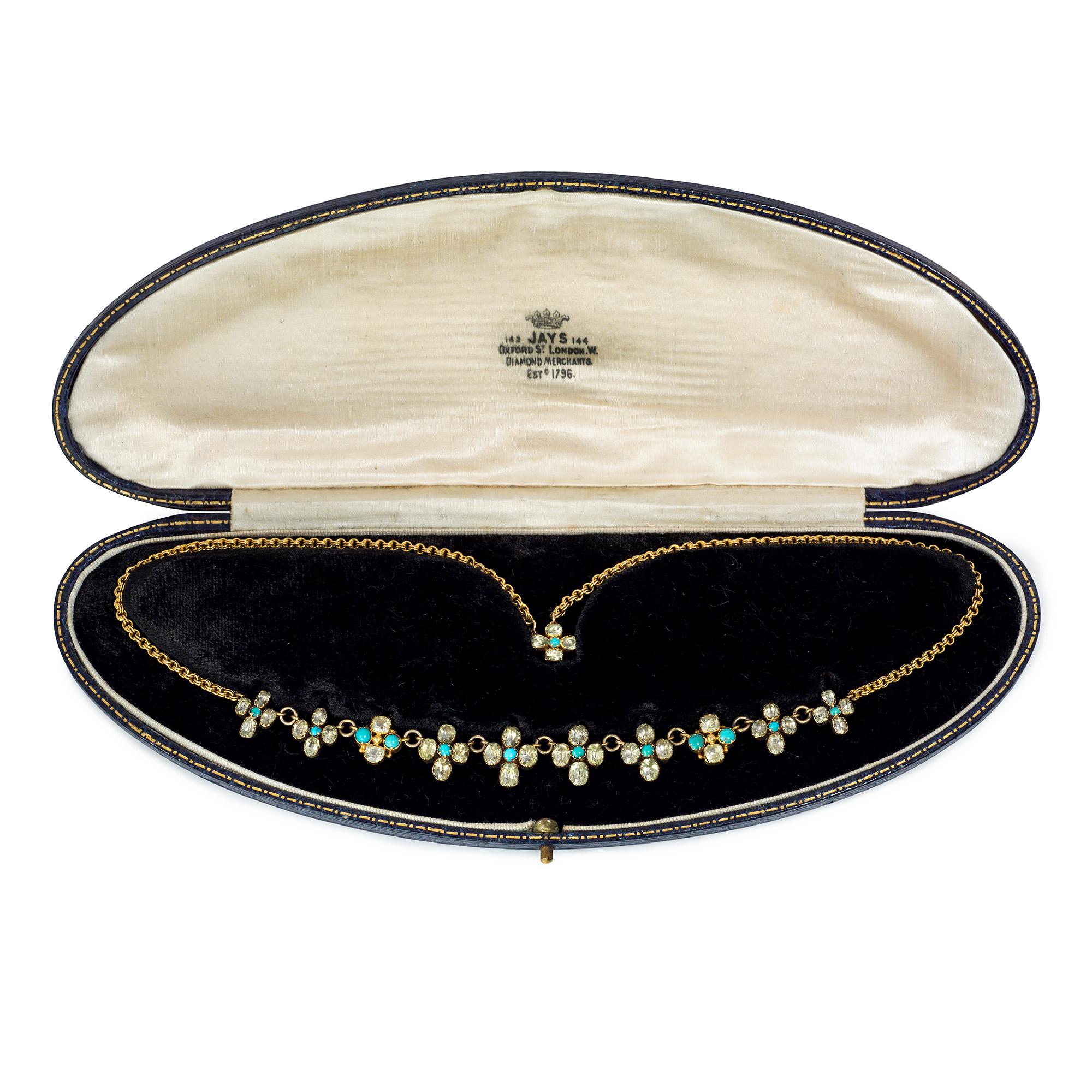 Mixed Cut Antique Early 19th Century Gold, Chrysoberyl and Turquoise Floret Motif Necklace For Sale