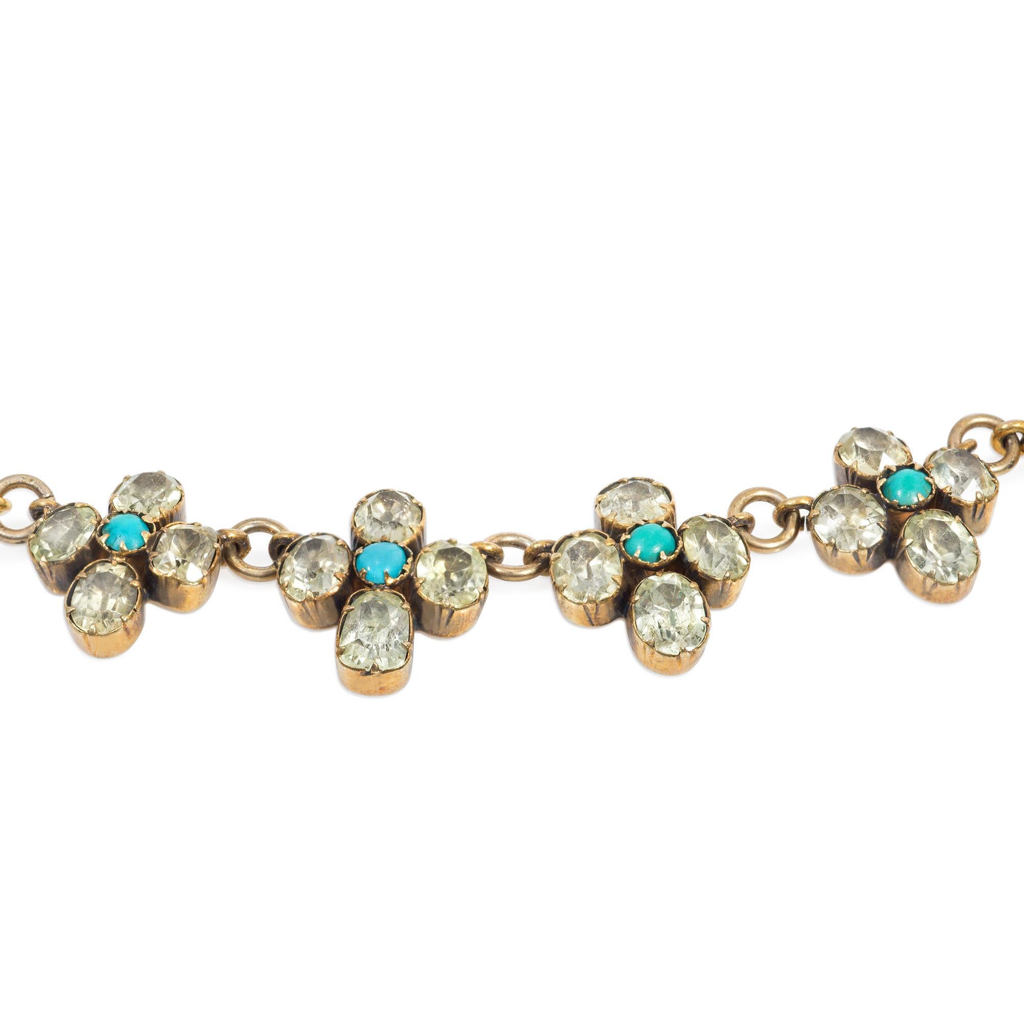 Antique Early 19th Century Gold, Chrysoberyl and Turquoise Floret Motif Necklace In Good Condition For Sale In New York, NY