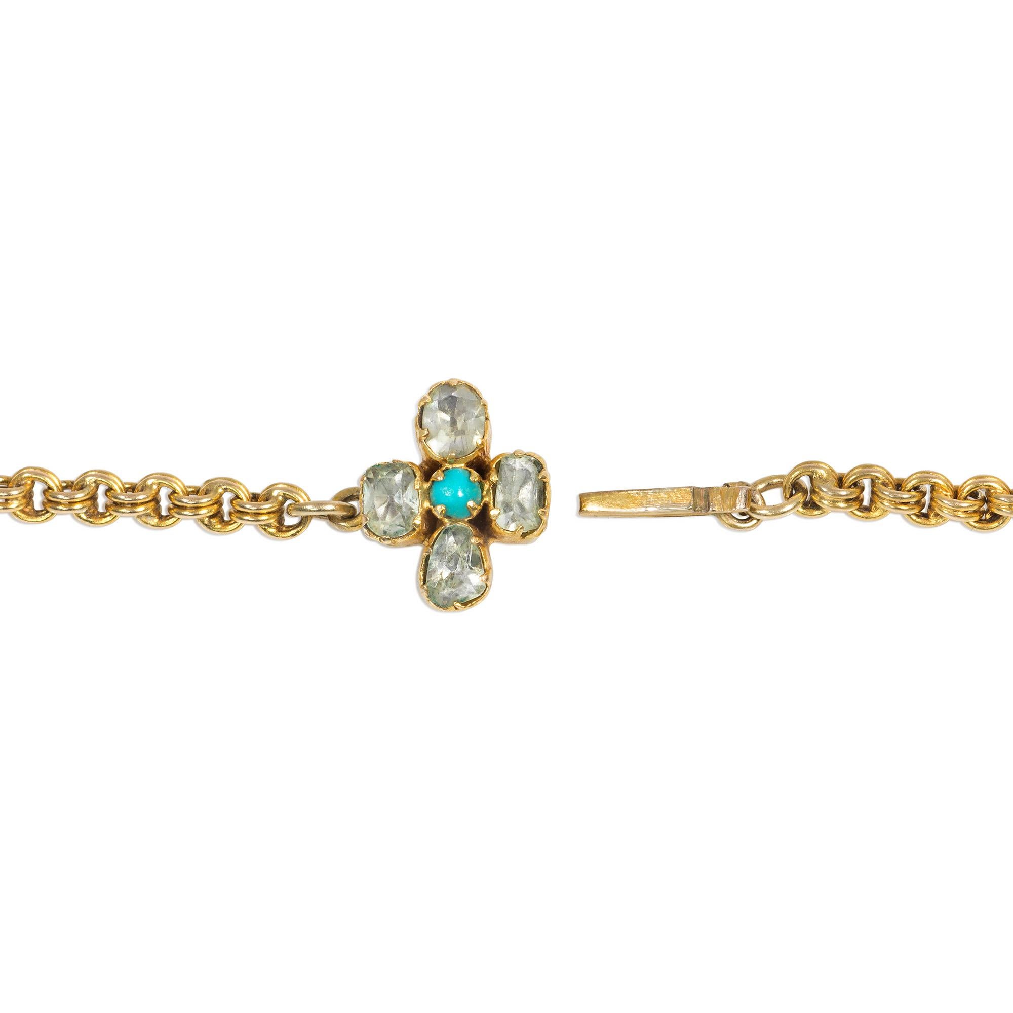 Women's or Men's Antique Early 19th Century Gold, Chrysoberyl and Turquoise Floret Motif Necklace For Sale