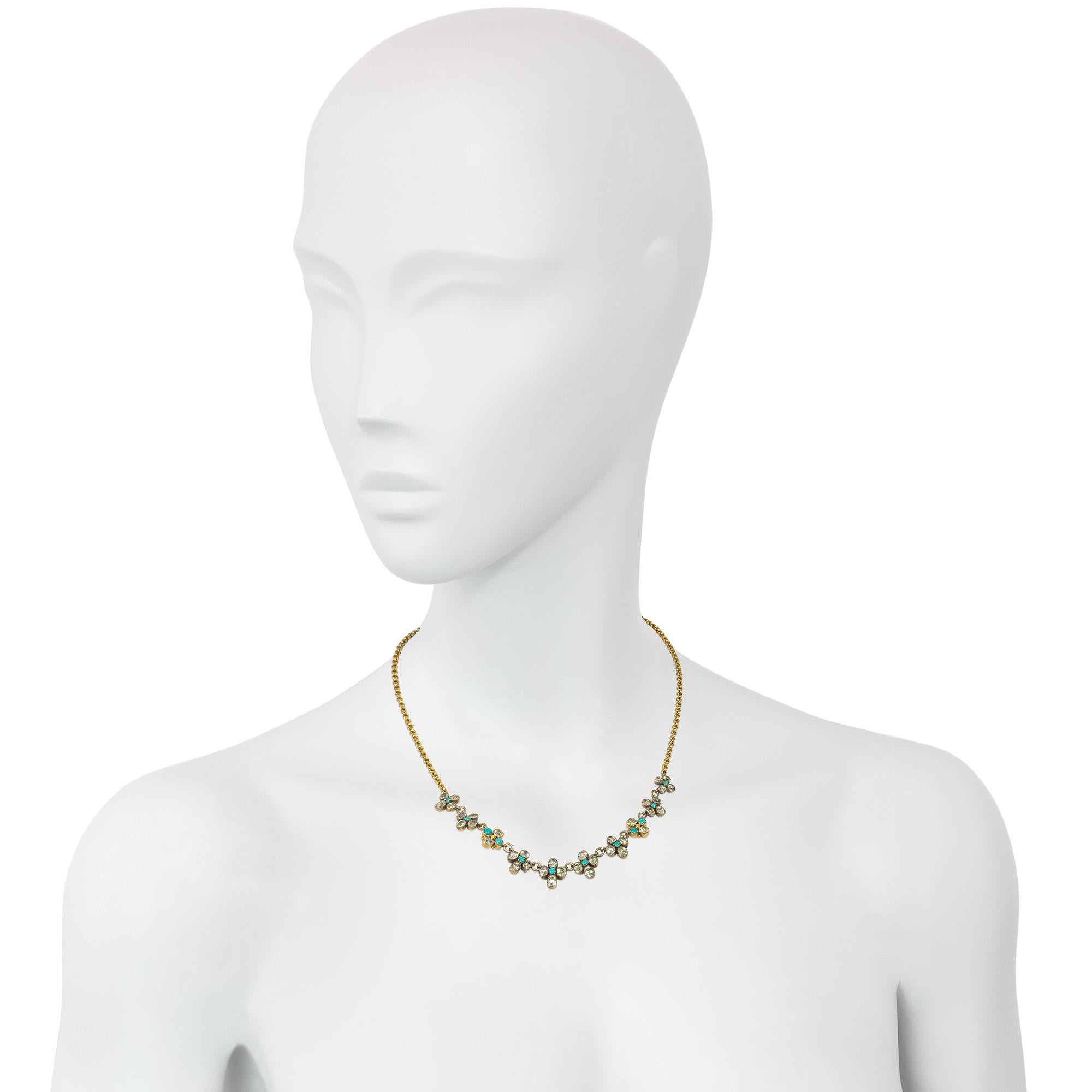 Antique Early 19th Century Gold, Chrysoberyl and Turquoise Floret Motif Necklace For Sale 1