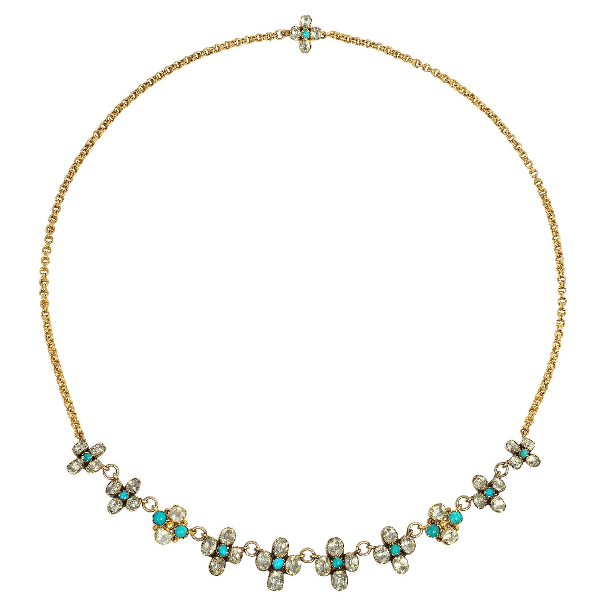 Antique Early 19th Century Gold, Chrysoberyl and Turquoise Floret Motif Necklace For Sale