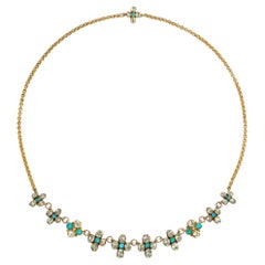 Antique Early 19th Century Gold, Chrysoberyl and Turquoise Floret Motif Necklace