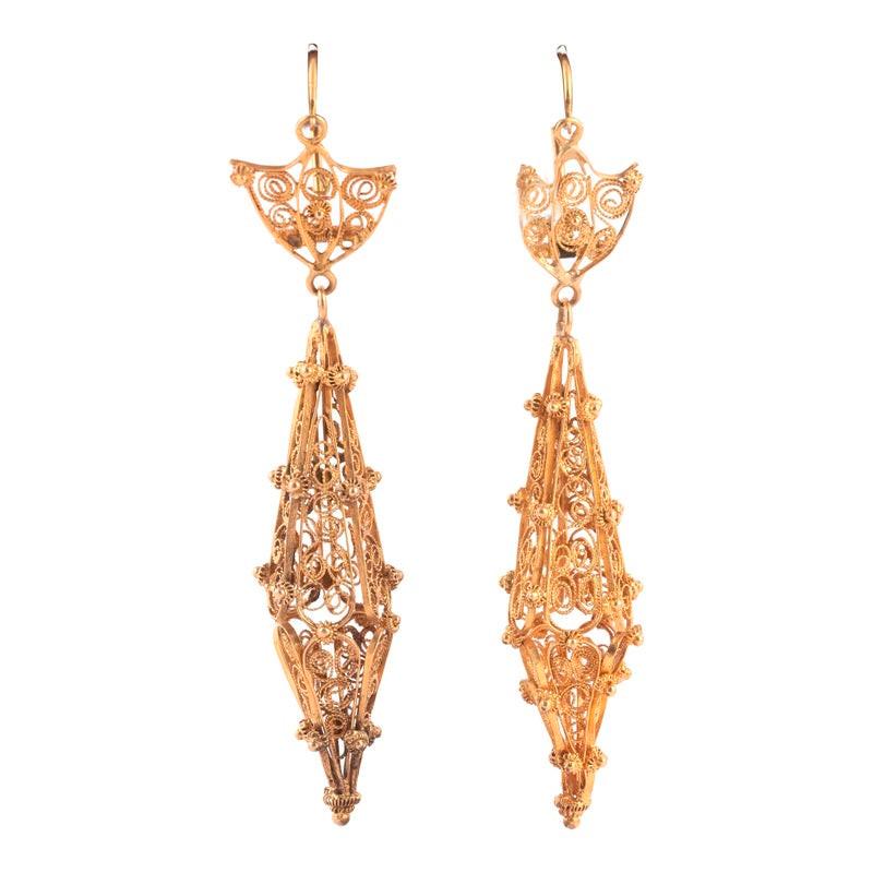 Etruscan Revival Antique Gold Cannetille Ear Pendants For Sale