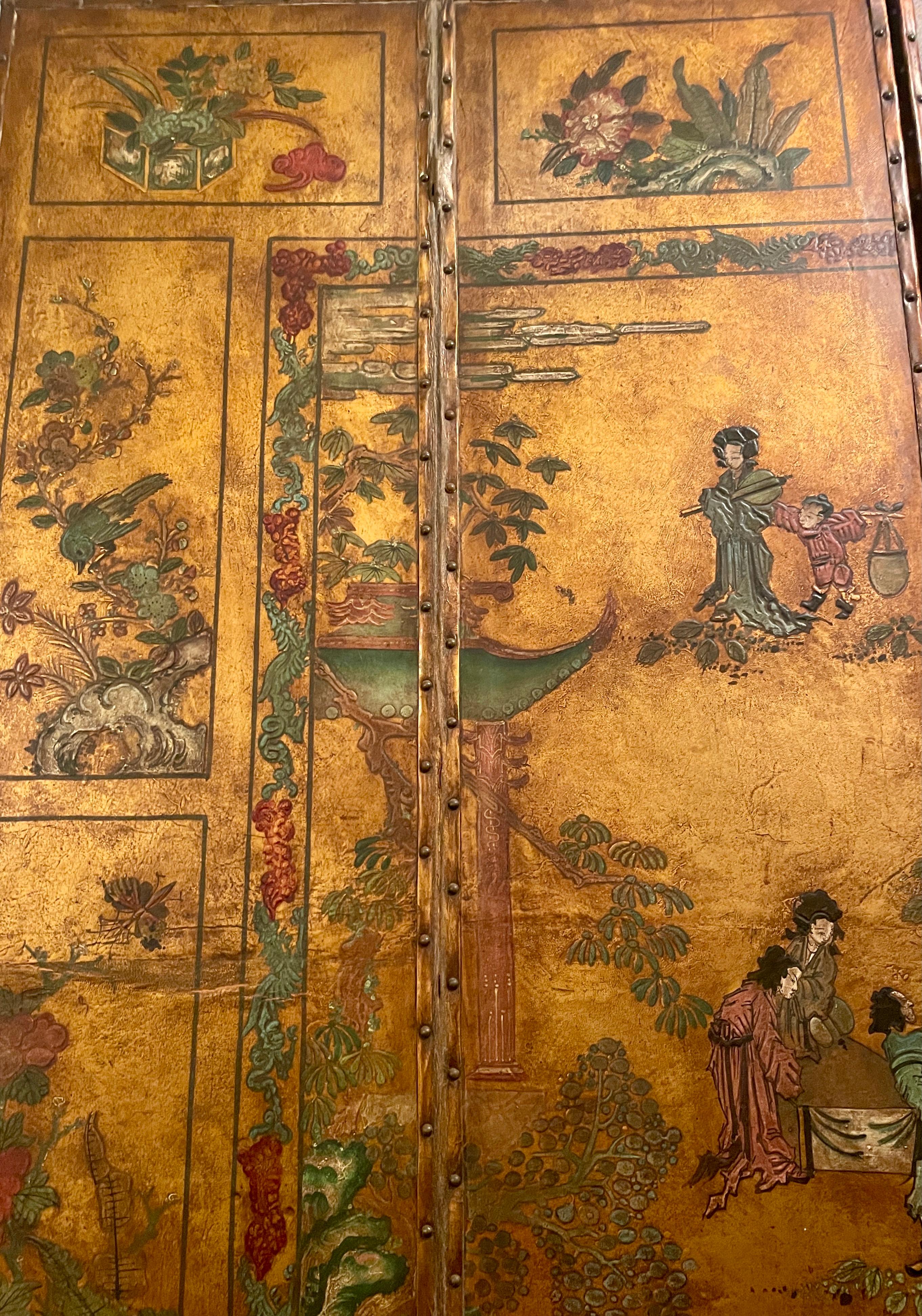 Antique early 19th century hand-painted 4-Panel Chinoiserie leather screen.