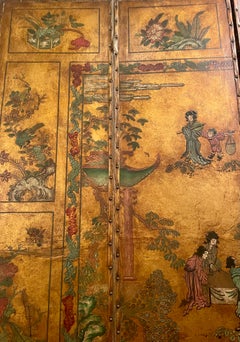 Antique Early 19th Century Hand-Painted 4-Panel Chinoiserie Leather Screen