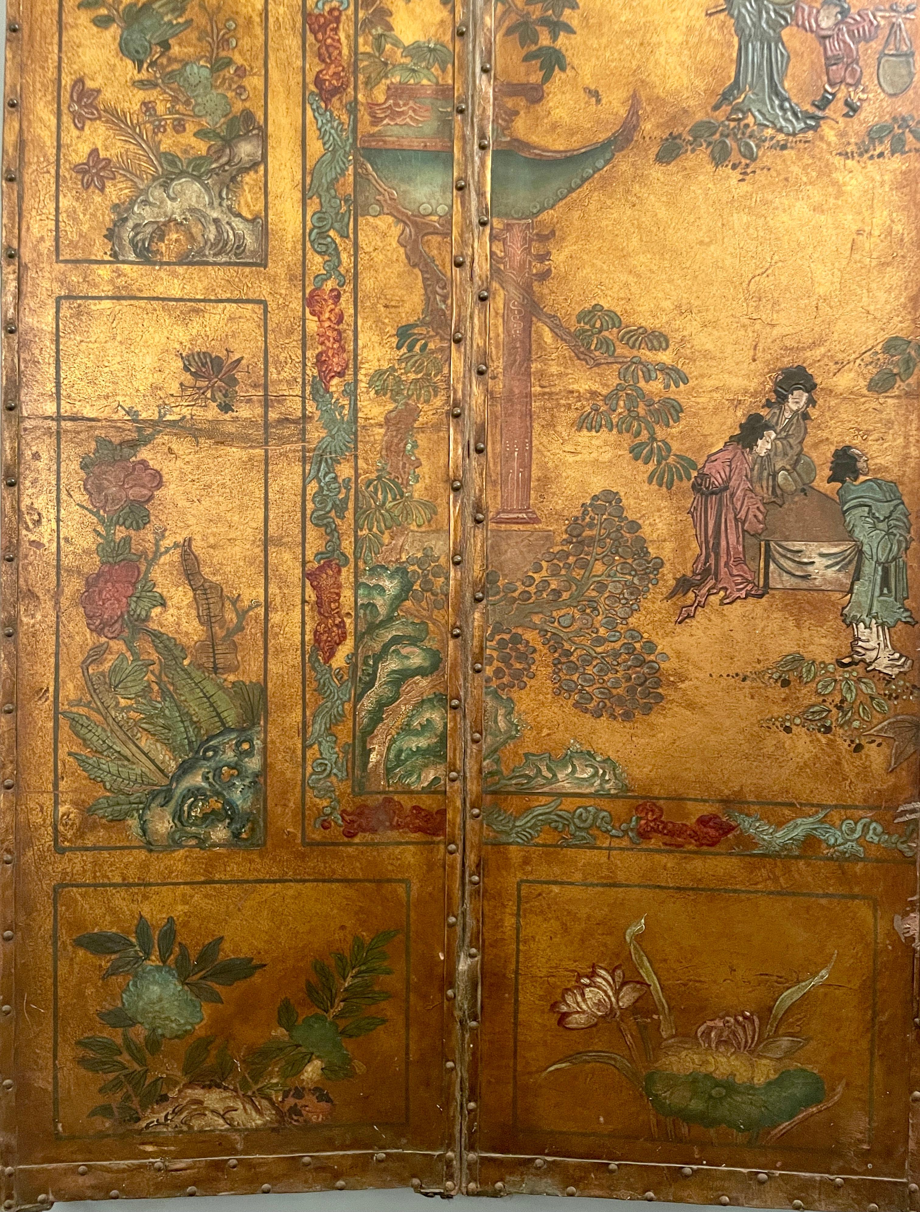 Antique Early 19th Century Hand-Painted 4-Panel Chinoiserie Leather Screen In Good Condition In New Orleans, LA